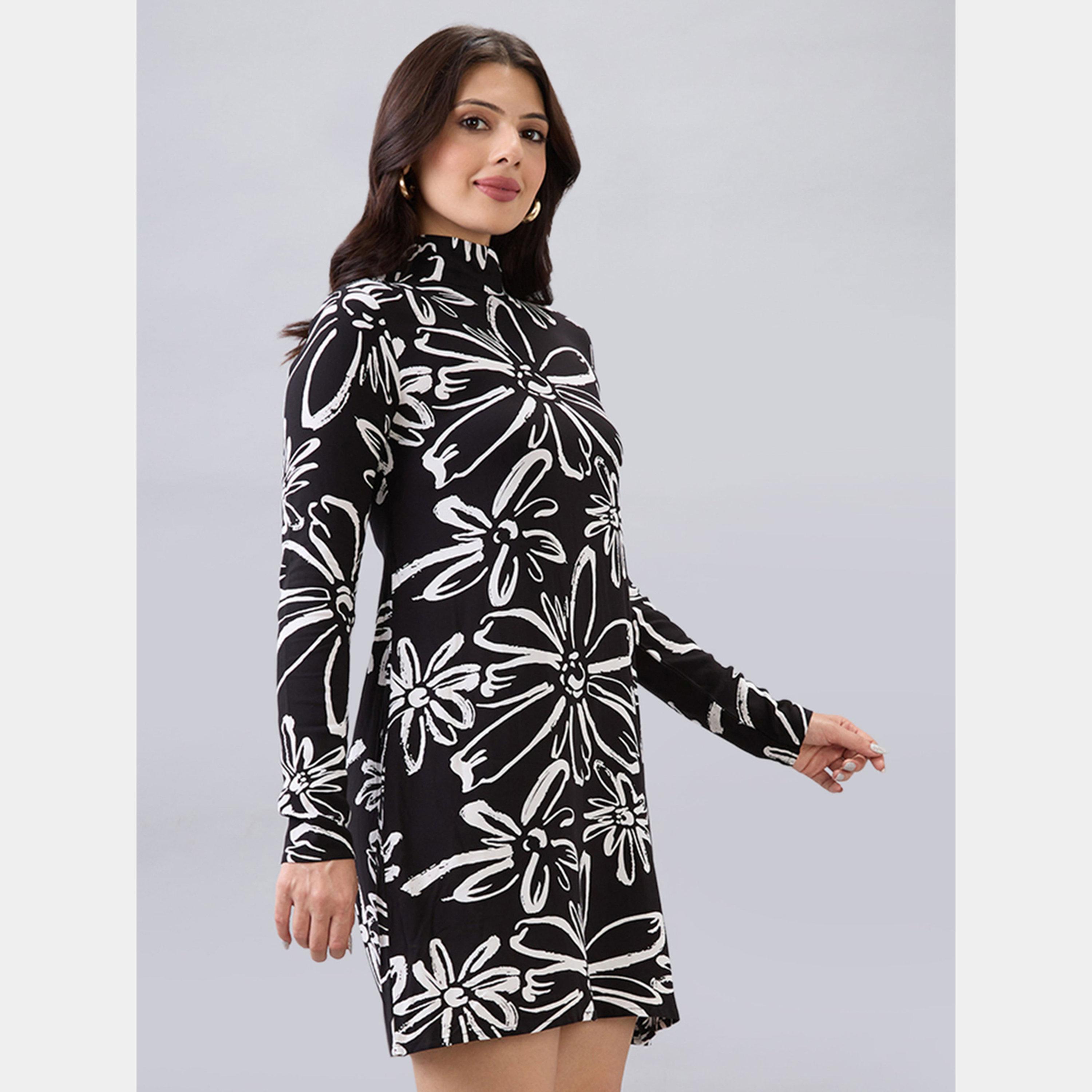 Globus X Styli Black Floral Print High Neck Long Sleeves Women's A-line Mini Dress-women-clothing-dresses-image-5
