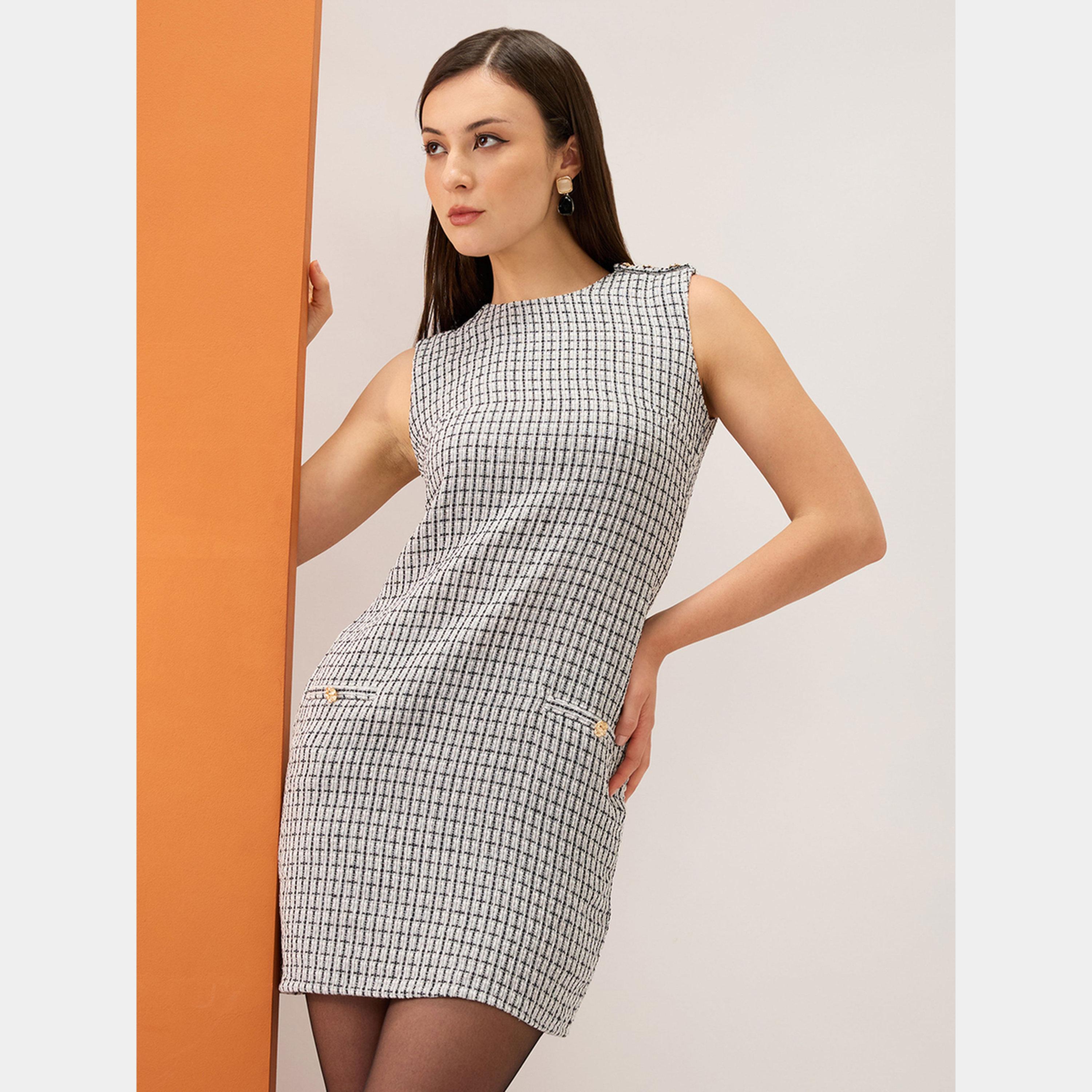 Globus X Styli Grey Tweed Checkered Round Neck Sleeveless Women's Mini Dress-women-clothing-dresses-image-1