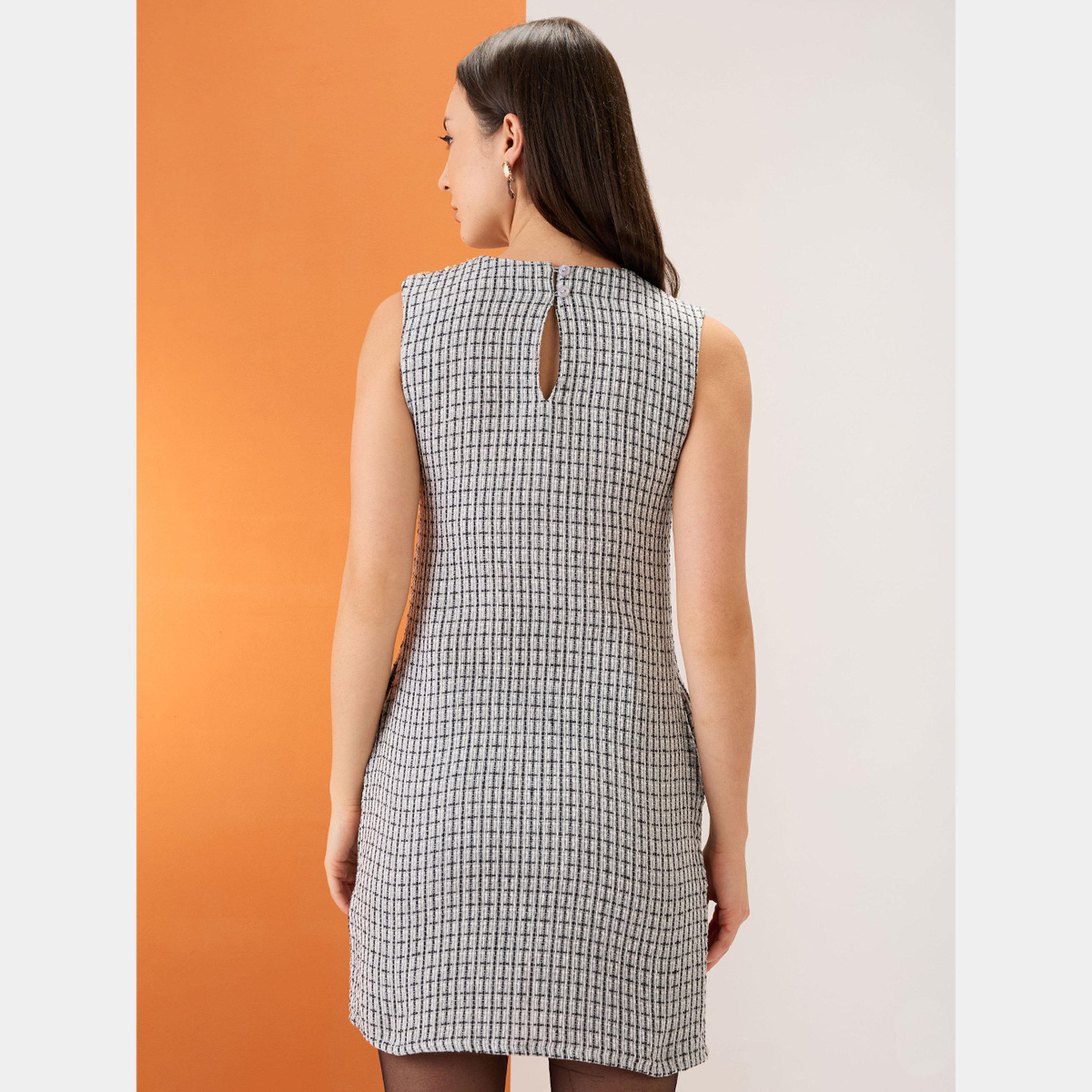 Globus X Styli Grey Tweed Checkered Round Neck Sleeveless Women's Mini Dress-women-clothing-dresses-image-3