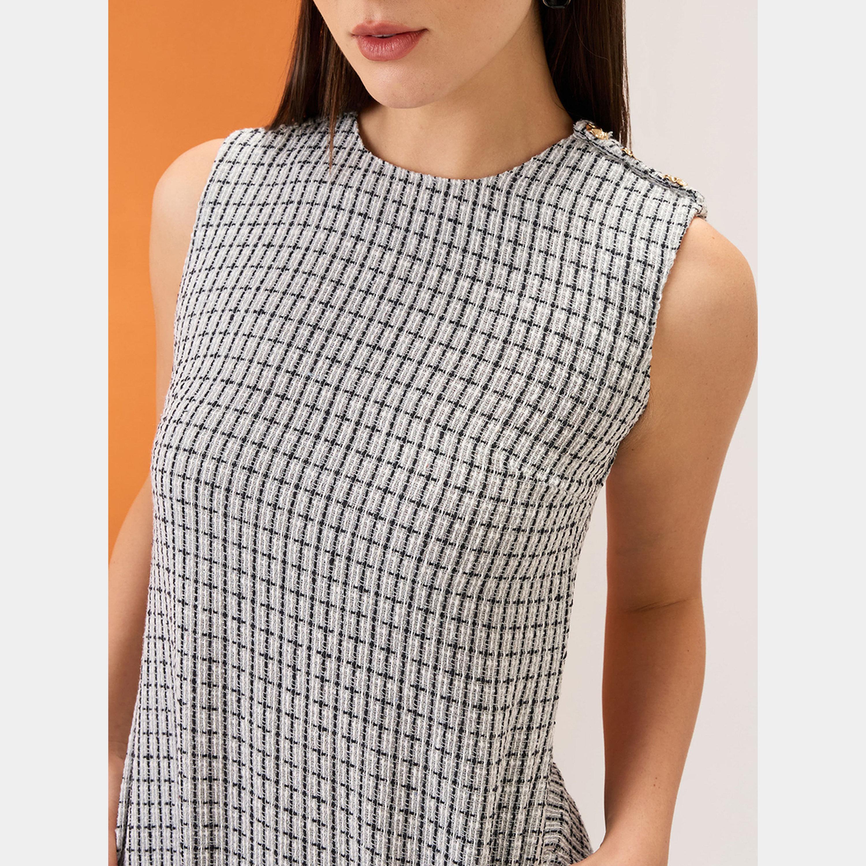 Globus X Styli Grey Tweed Checkered Round Neck Sleeveless Women's Mini Dress-women-clothing-dresses-image-4