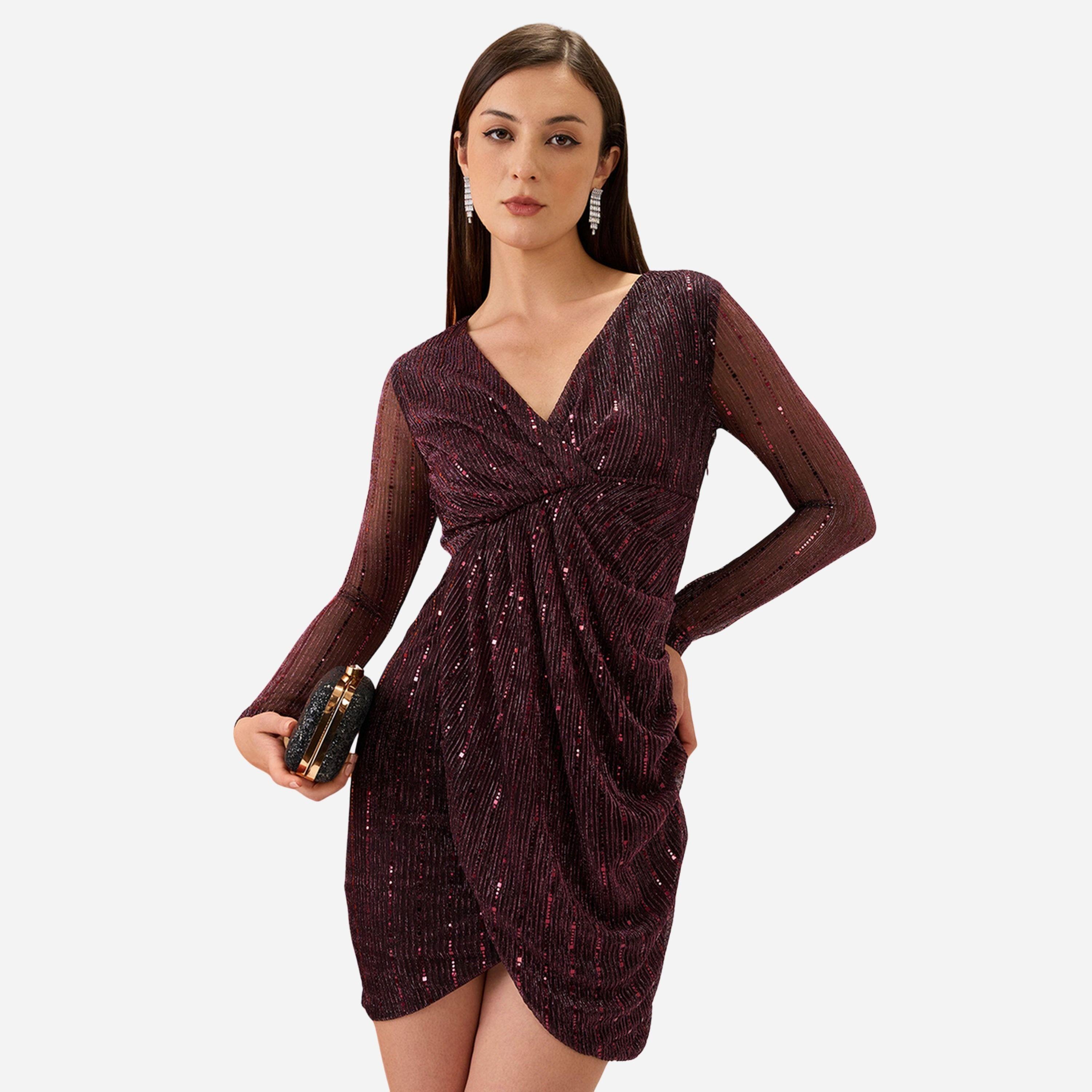 غلوبوص × ستايلي - فستان قصير لون خمري ملفوف ياقة شكل سبعة وحافة مزينة بزهرة التوليب-women-clothing-dresses-image-1