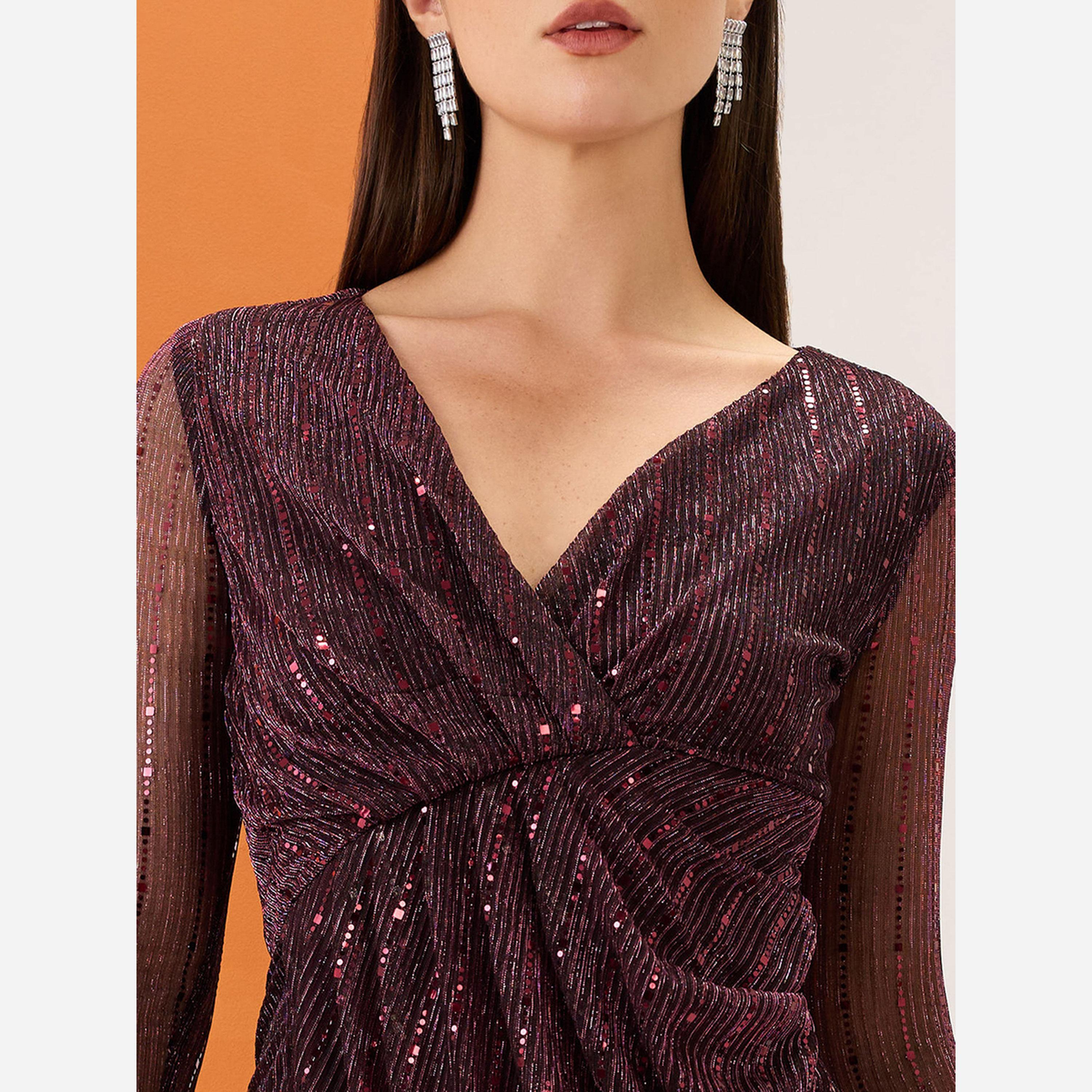 غلوبوص × ستايلي - فستان قصير لون خمري ملفوف ياقة شكل سبعة وحافة مزينة بزهرة التوليب-women-clothing-dresses-image-4