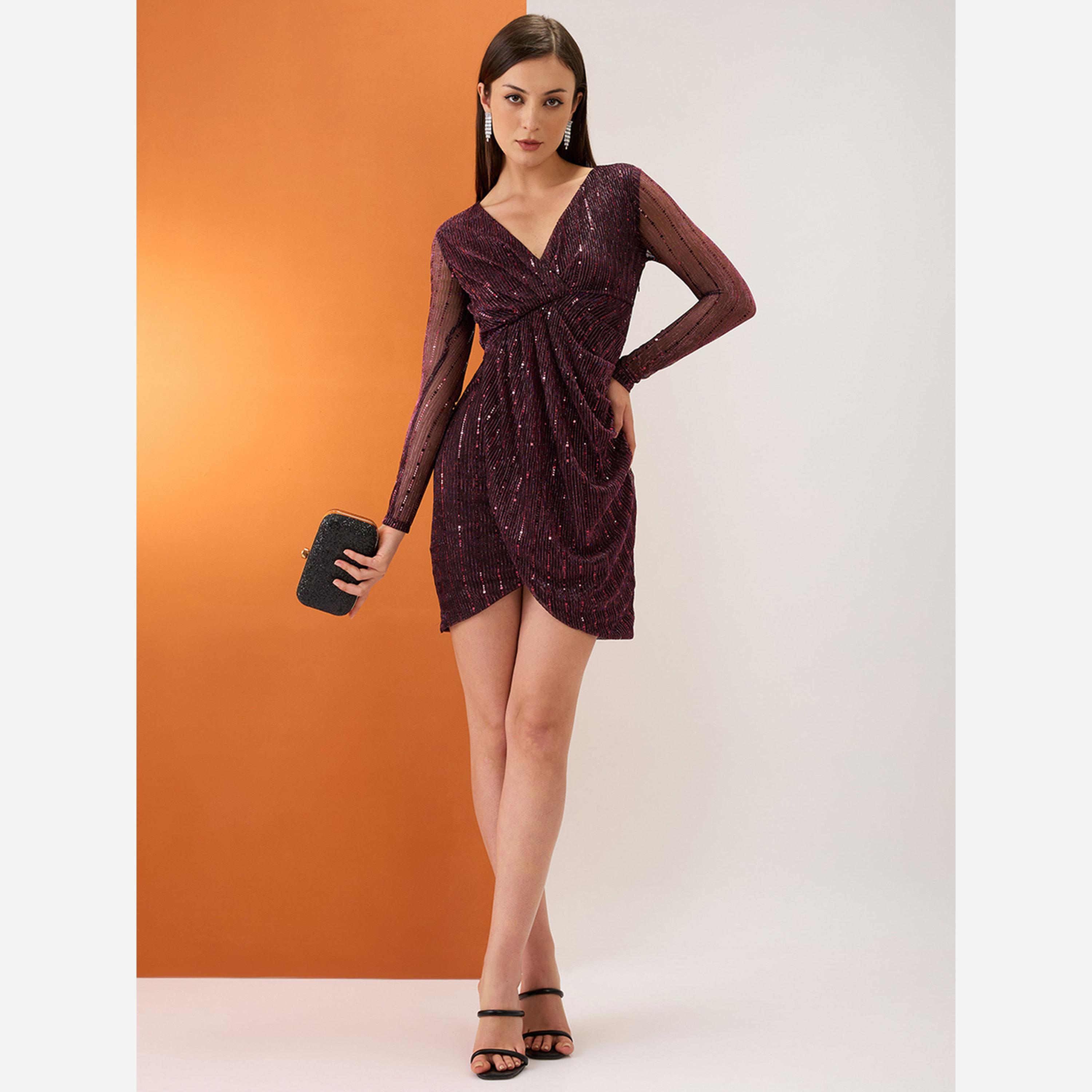 غلوبوص × ستايلي - فستان قصير لون خمري ملفوف ياقة شكل سبعة وحافة مزينة بزهرة التوليب-women-clothing-dresses-image-5