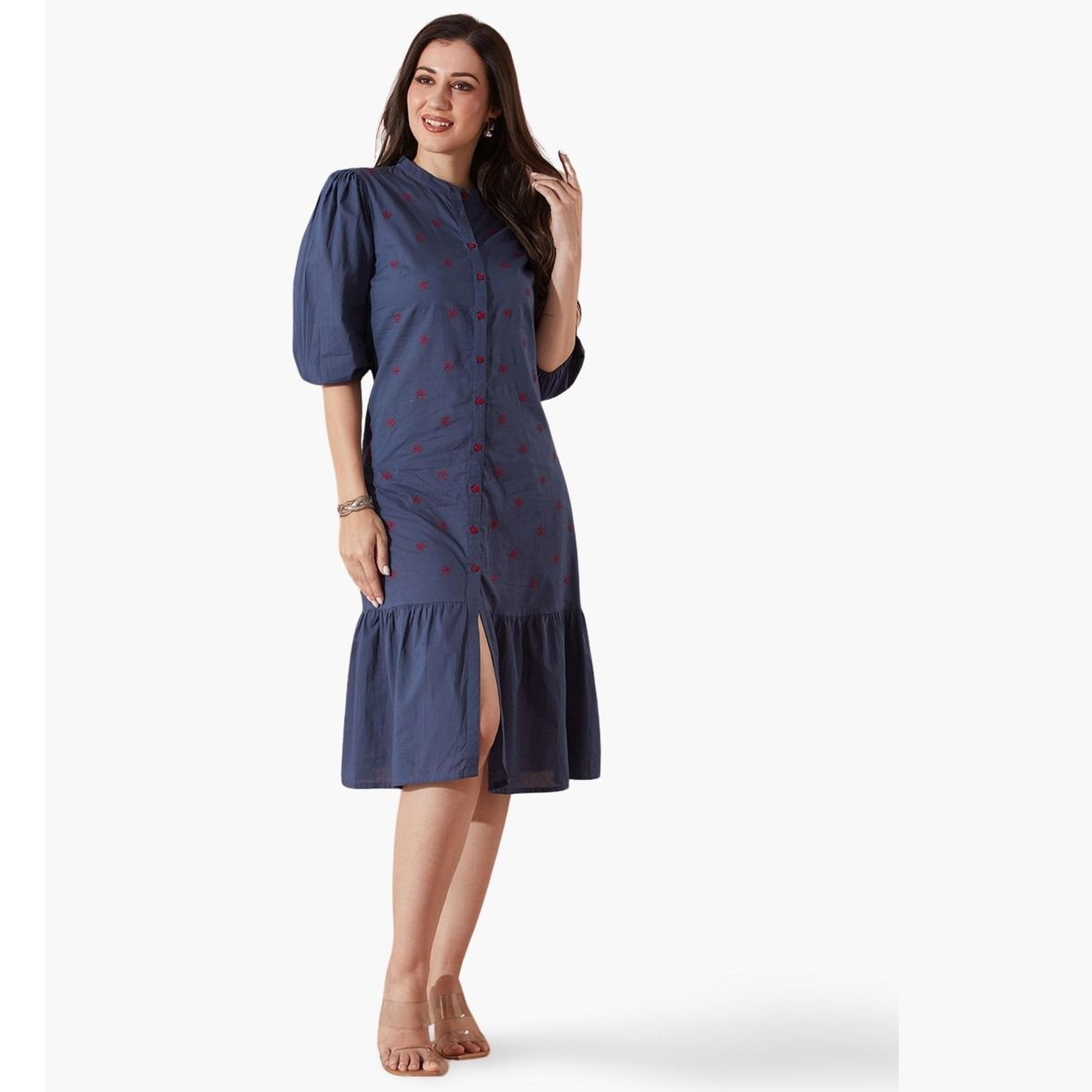 غلوبوص × ستايلي - فستان أزرق متوسط ​​الطول بأكمام منفوخة ومطرز بالزهور-women-clothing-dresses-image-1