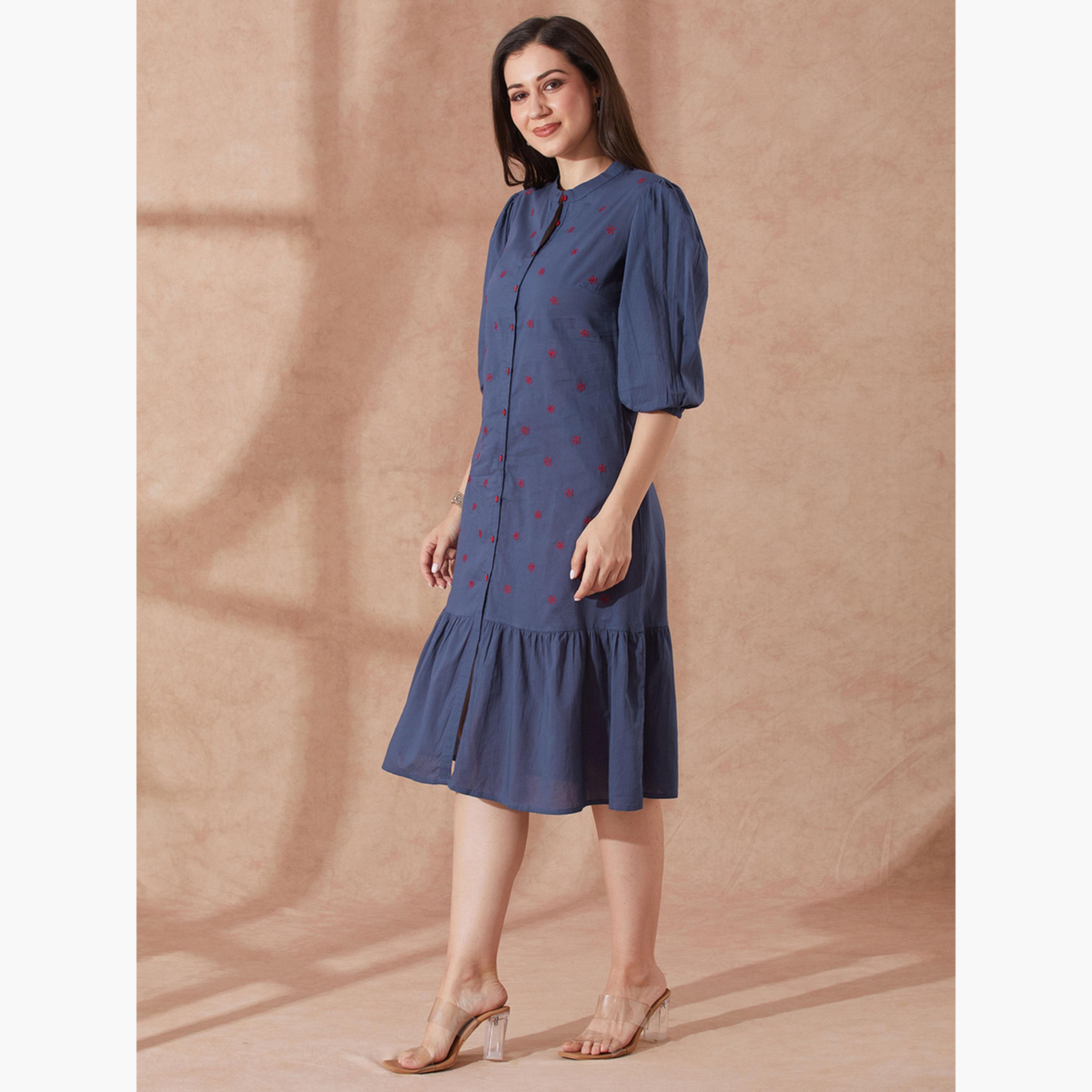 غلوبوص × ستايلي - فستان أزرق متوسط ​​الطول بأكمام منفوخة ومطرز بالزهور-women-clothing-dresses-image-2