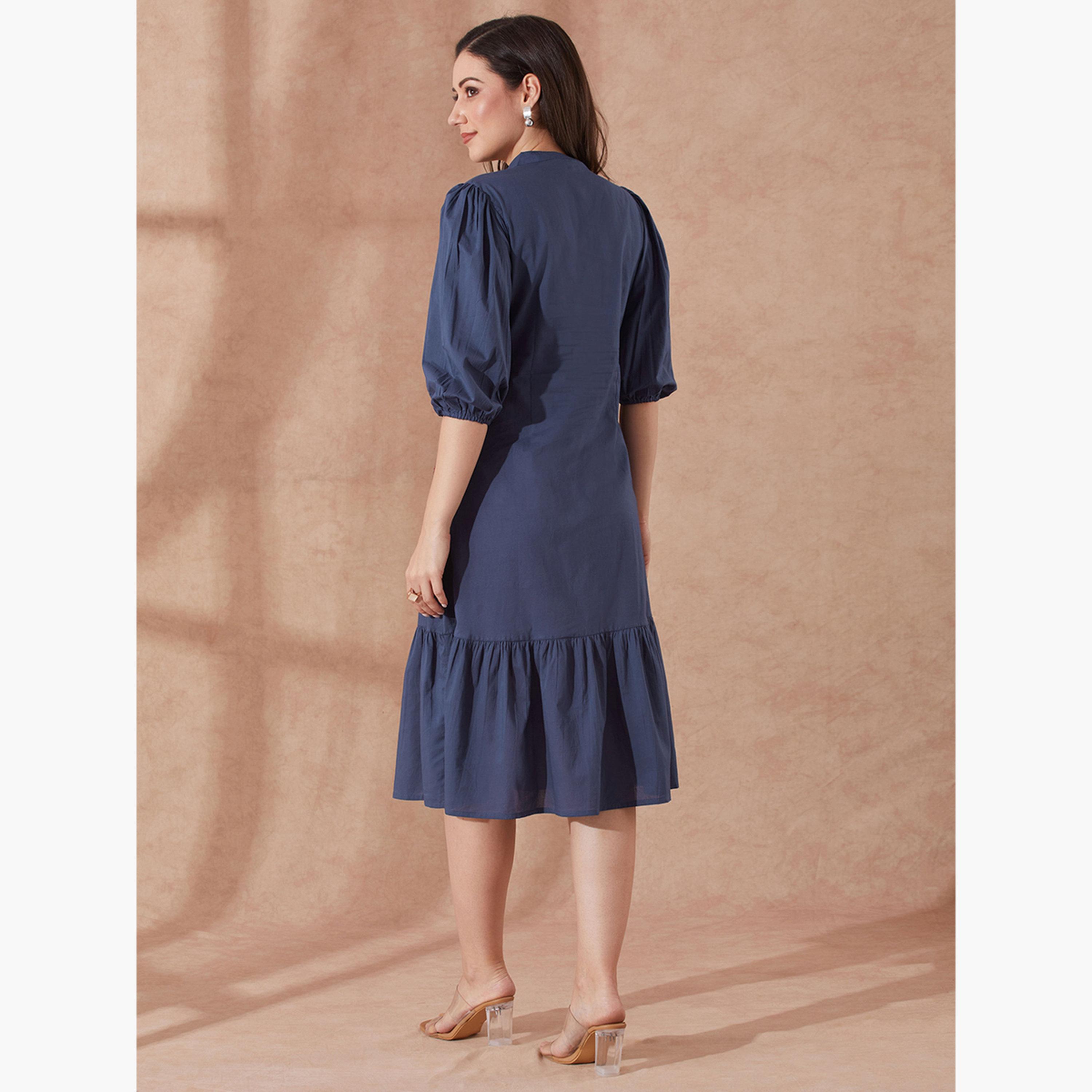Globus X Styli Blue Puff Sleeves Floral Embroidered Midi Dress-women-clothing-dresses-image-3