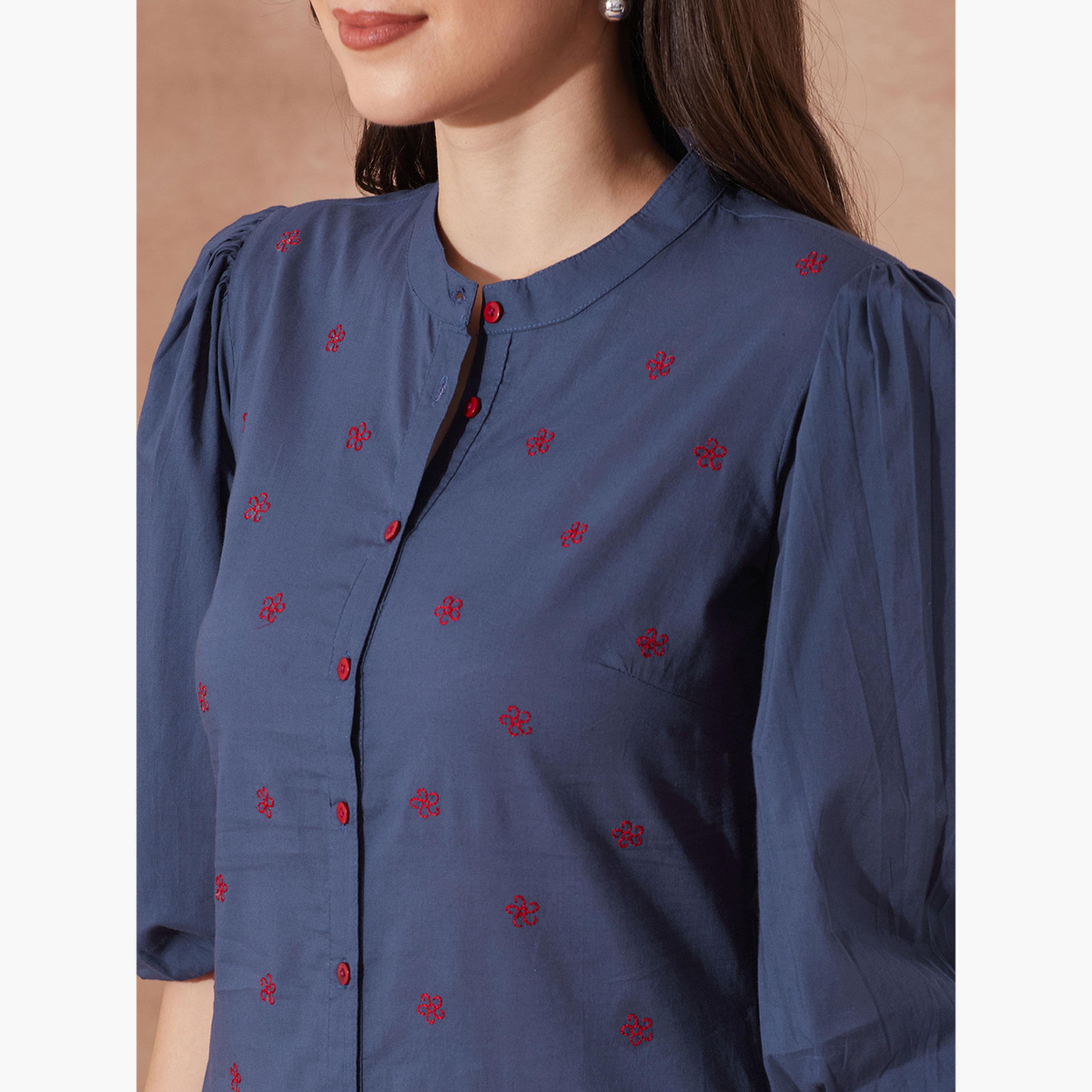 Globus X Styli Blue Puff Sleeves Floral Embroidered Midi Dress-women-clothing-dresses-image-4