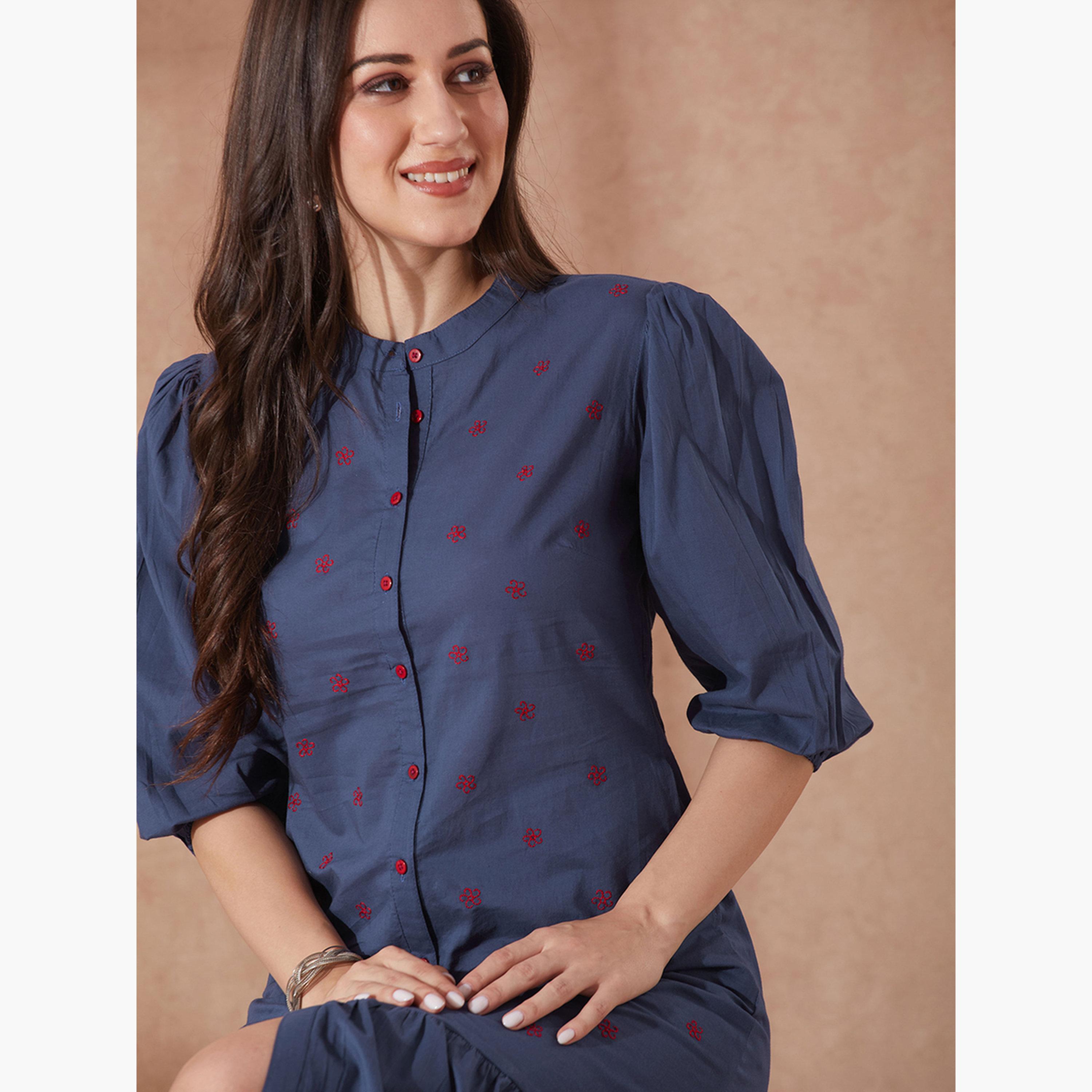 غلوبوص × ستايلي - فستان أزرق متوسط ​​الطول بأكمام منفوخة ومطرز بالزهور-women-clothing-dresses-image-5