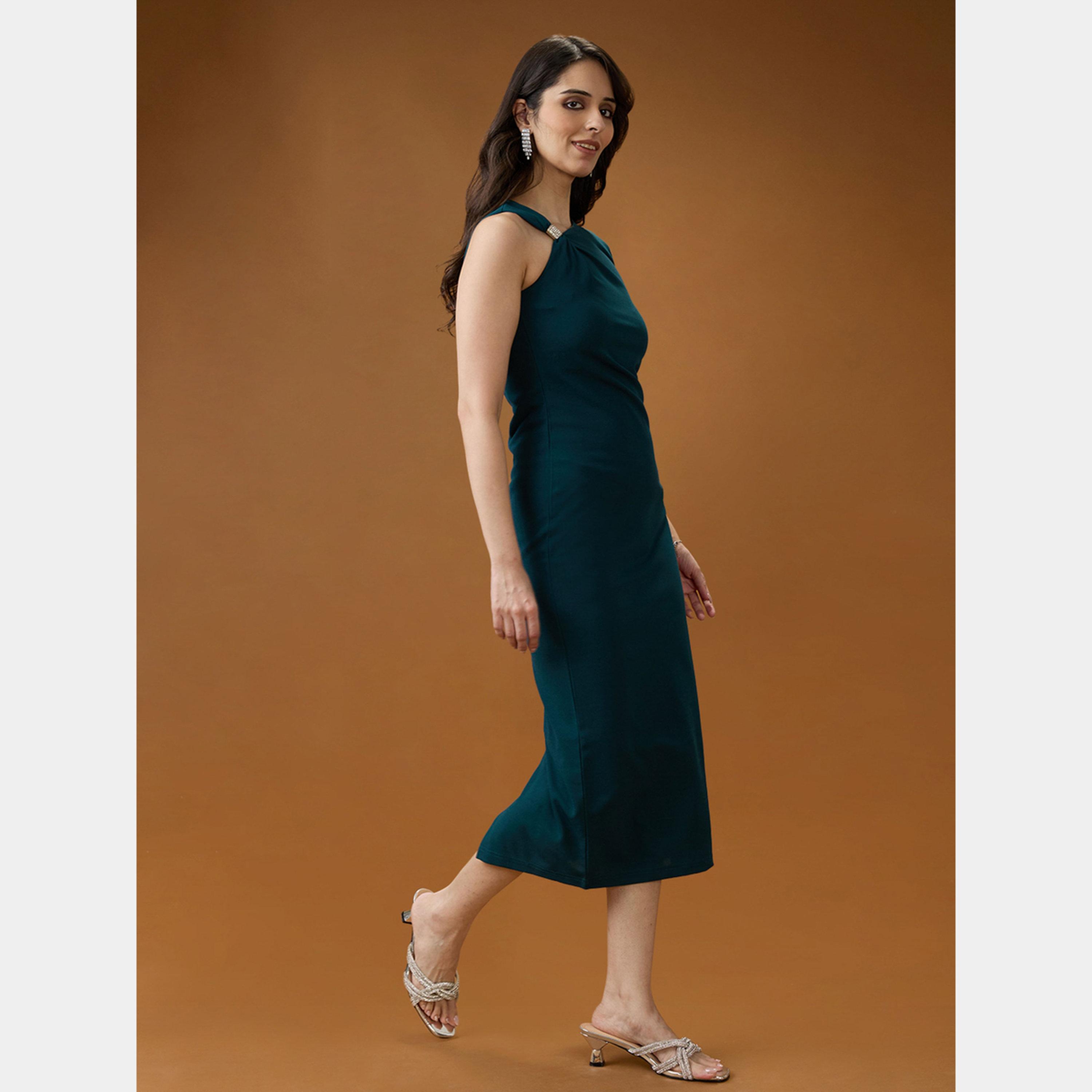 غلوبوص × ستايلي - فستان نسائي ضيق متوسط ​​الطول بدون أكمام لون أخضر-women-clothing-dresses-image-2
