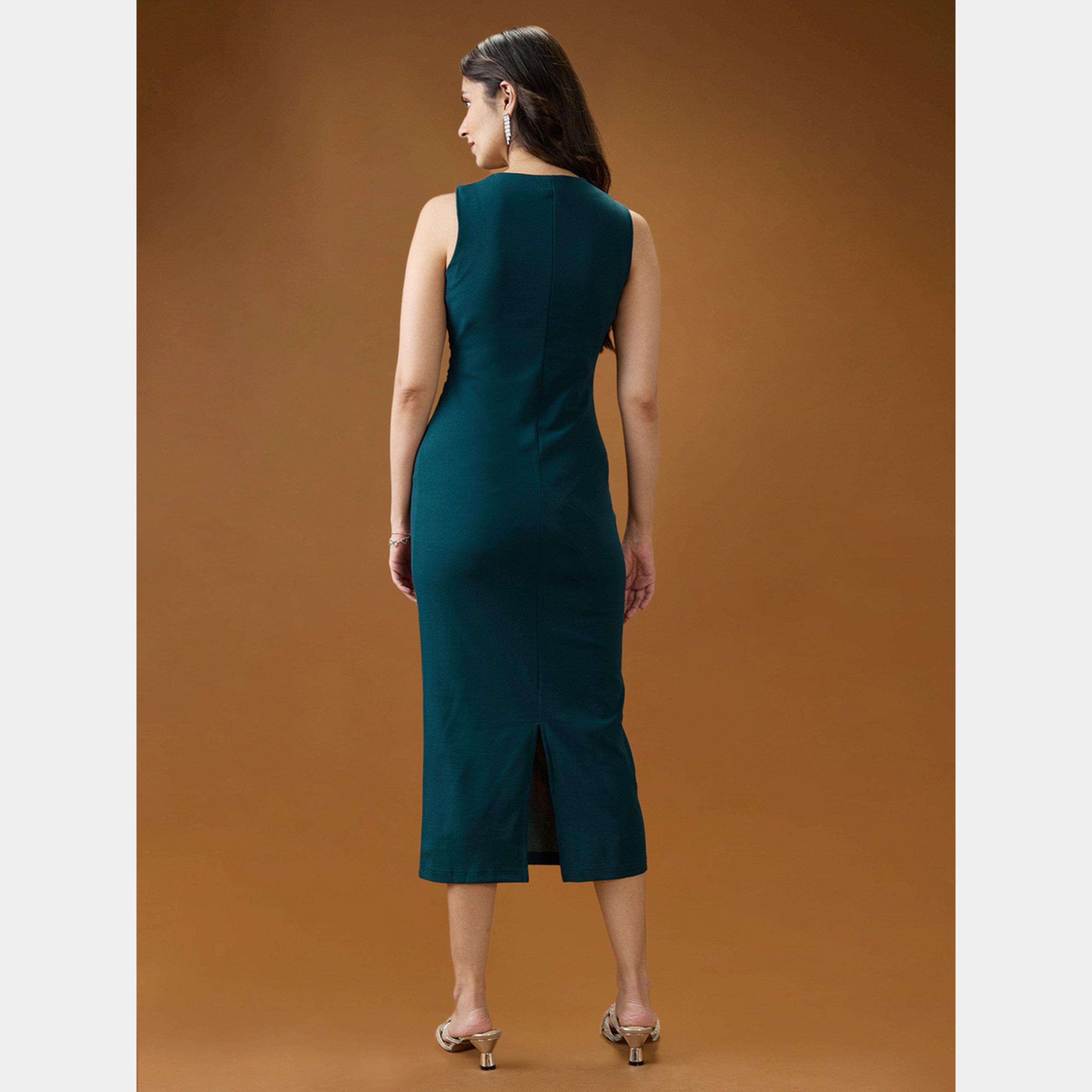 غلوبوص × ستايلي - فستان نسائي ضيق متوسط ​​الطول بدون أكمام لون أخضر-women-clothing-dresses-image-3