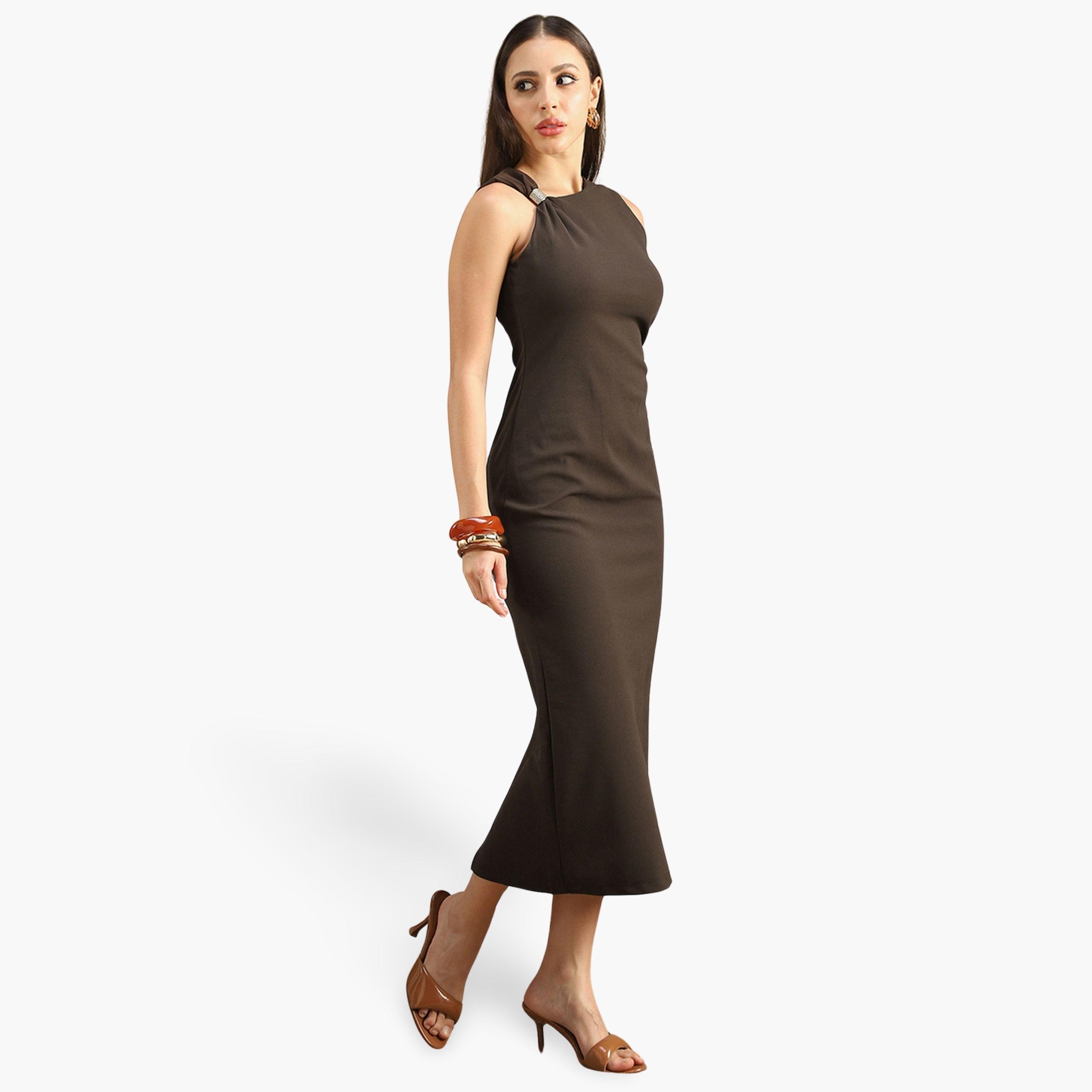 غلوبوص × ستايلي - فستان نسائي بني ضيق متوسط ​​الطول بدون أكمام وكتف واحد-women-clothing-dresses-image-1