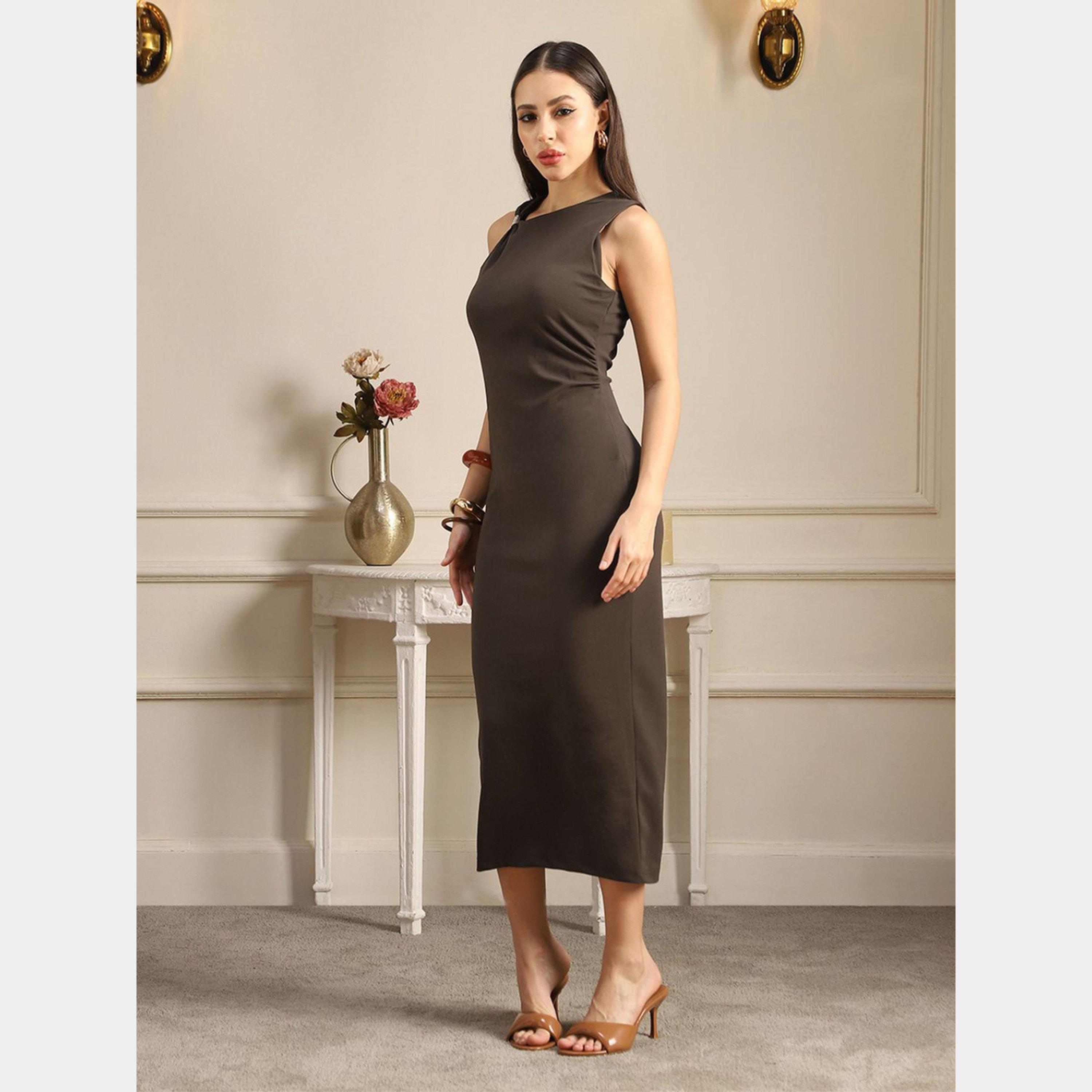 غلوبوص × ستايلي - فستان نسائي بني ضيق متوسط ​​الطول بدون أكمام وكتف واحد-women-clothing-dresses-image-2