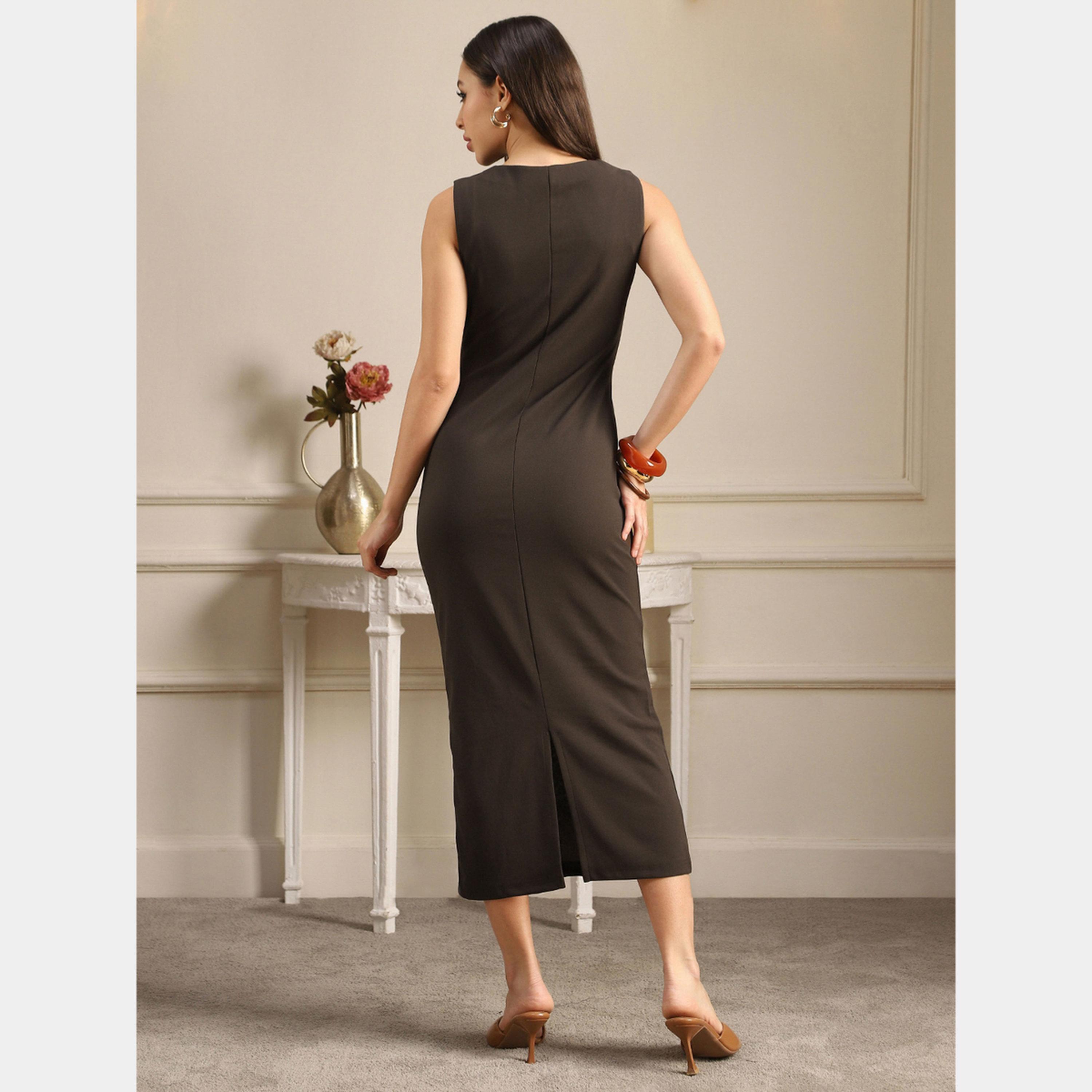 غلوبوص × ستايلي - فستان نسائي بني ضيق متوسط ​​الطول بدون أكمام وكتف واحد-women-clothing-dresses-image-3