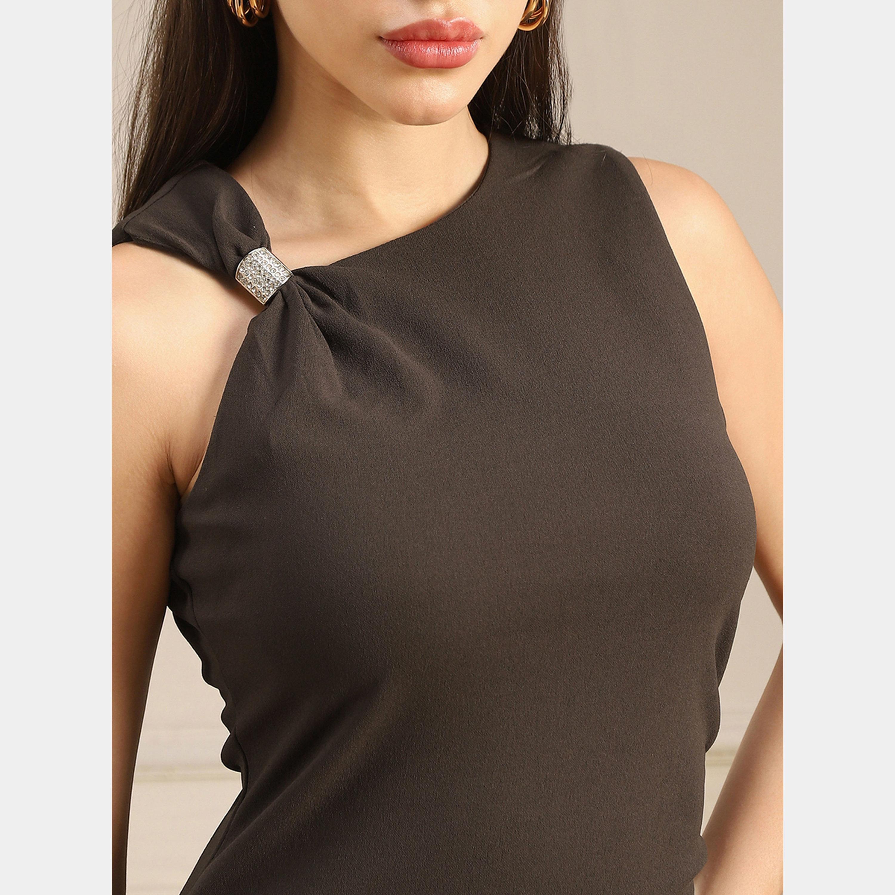 غلوبوص × ستايلي - فستان نسائي بني ضيق متوسط ​​الطول بدون أكمام وكتف واحد-women-clothing-dresses-image-4