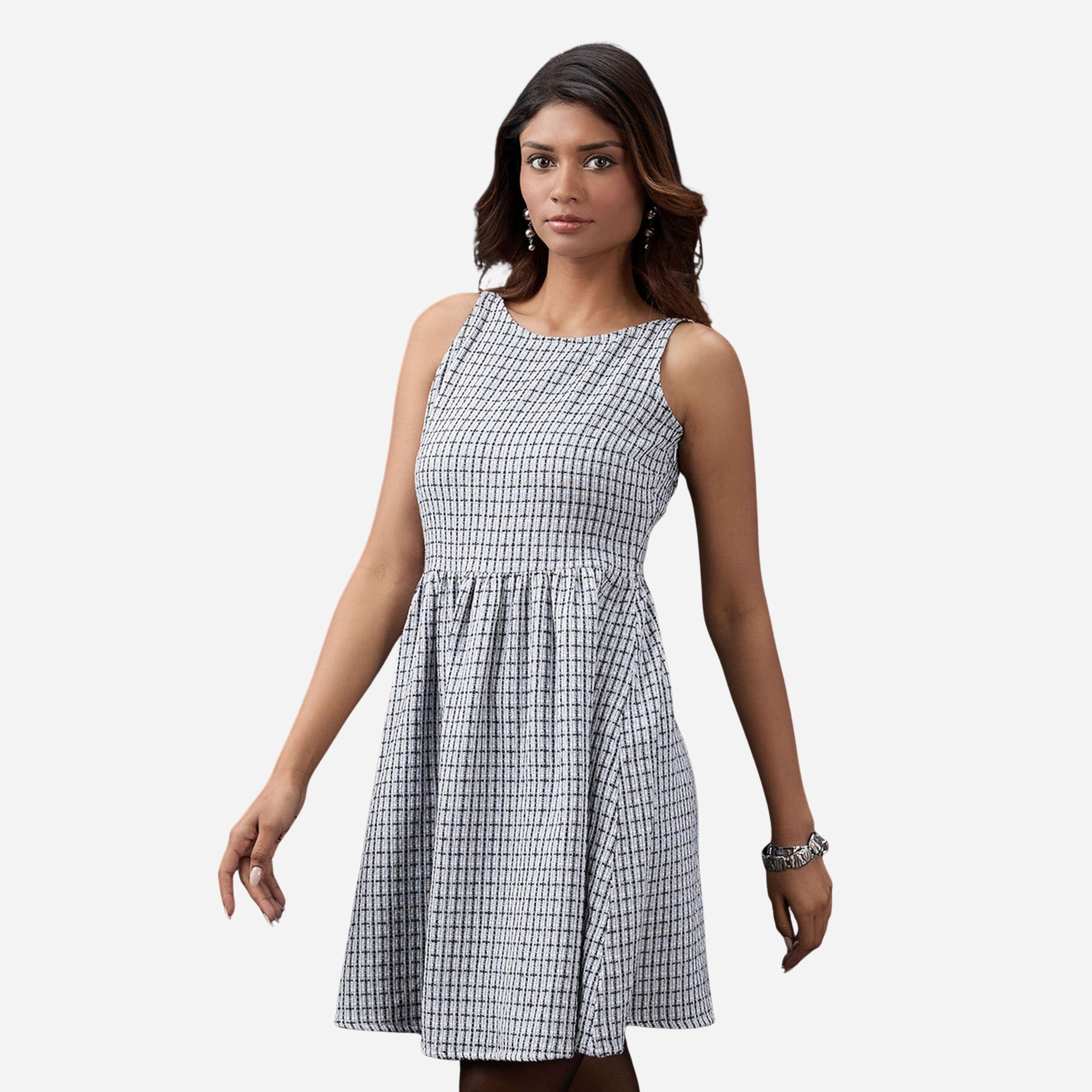 غلوبوص × ستايلي - فستان قصير لون رمادي كاروهات ياقة دائرية وبدون أكمام-women-clothing-dresses-image-1