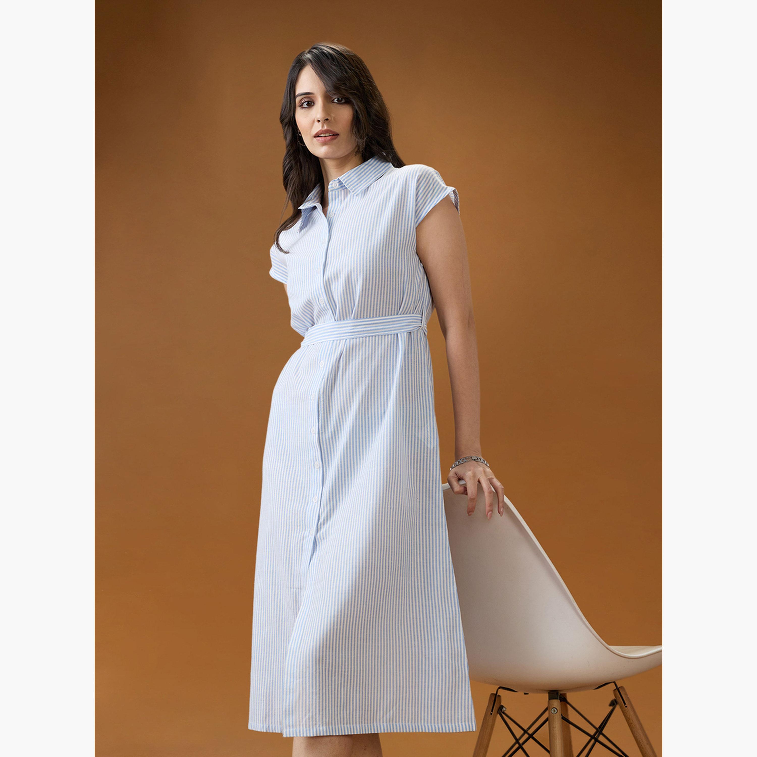 Globus X Styli Blue Collared Neck Striped Midi Shirt Dress-women-clothing-dresses-image-1