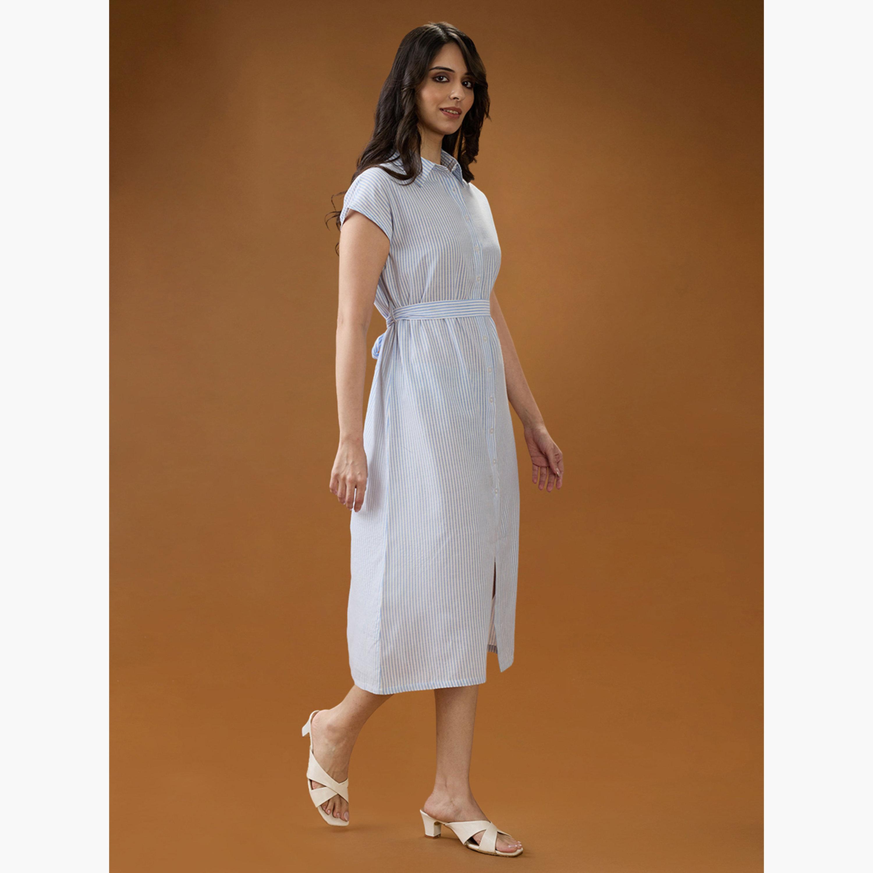 Globus X Styli Blue Collared Neck Striped Midi Shirt Dress-women-clothing-dresses-image-2
