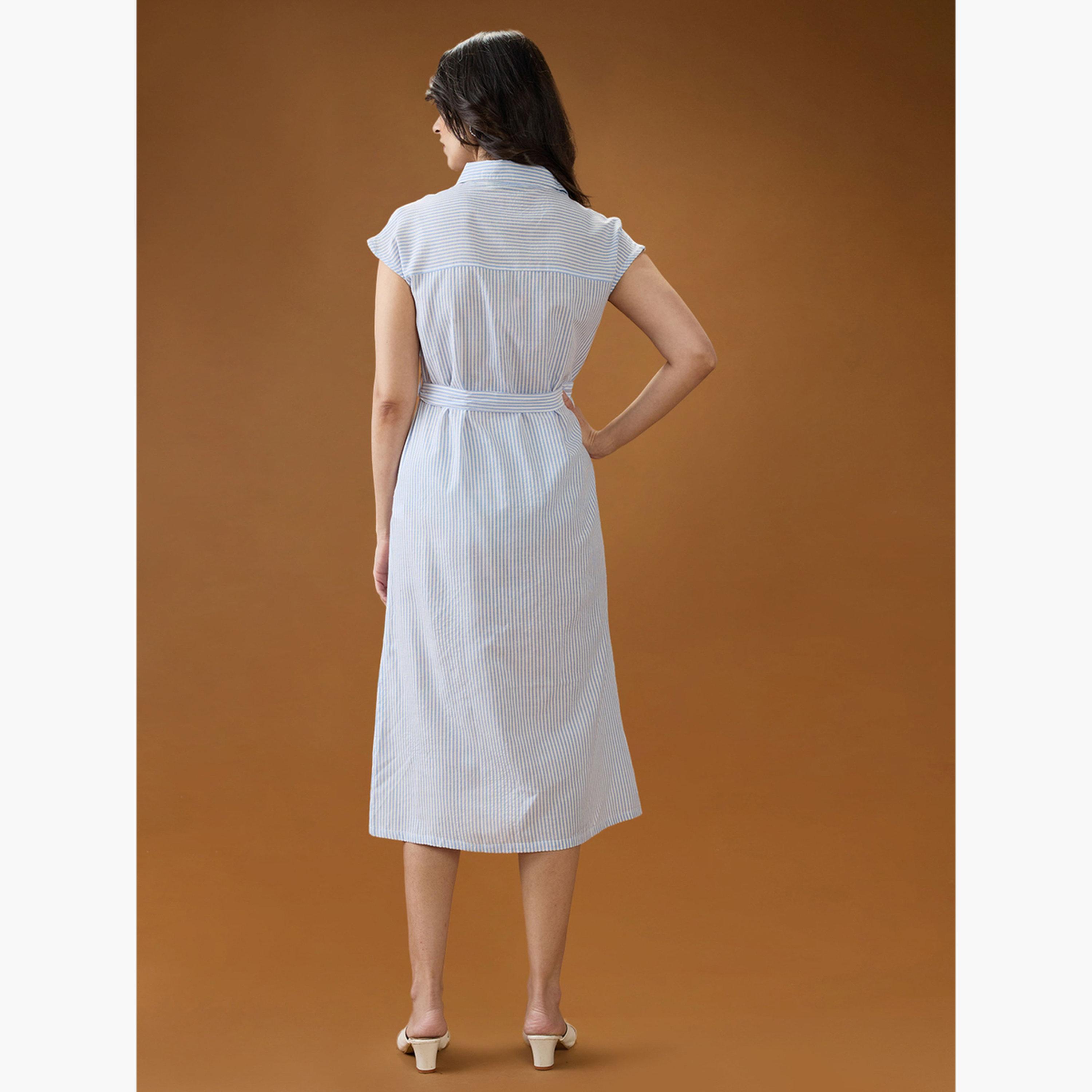 Globus X Styli Blue Collared Neck Striped Midi Shirt Dress-women-clothing-dresses-image-3