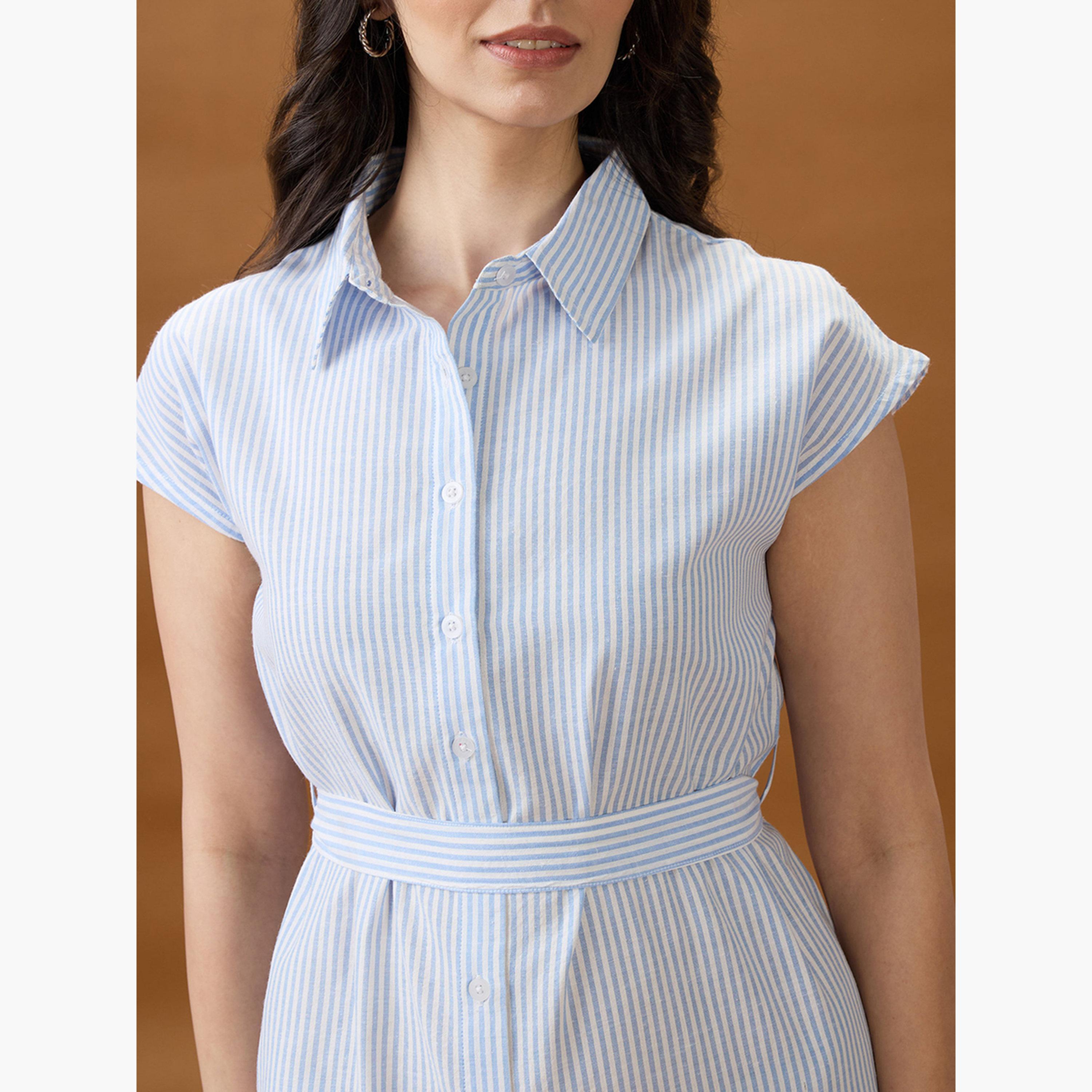 Globus X Styli Blue Collared Neck Striped Midi Shirt Dress-women-clothing-dresses-image-4