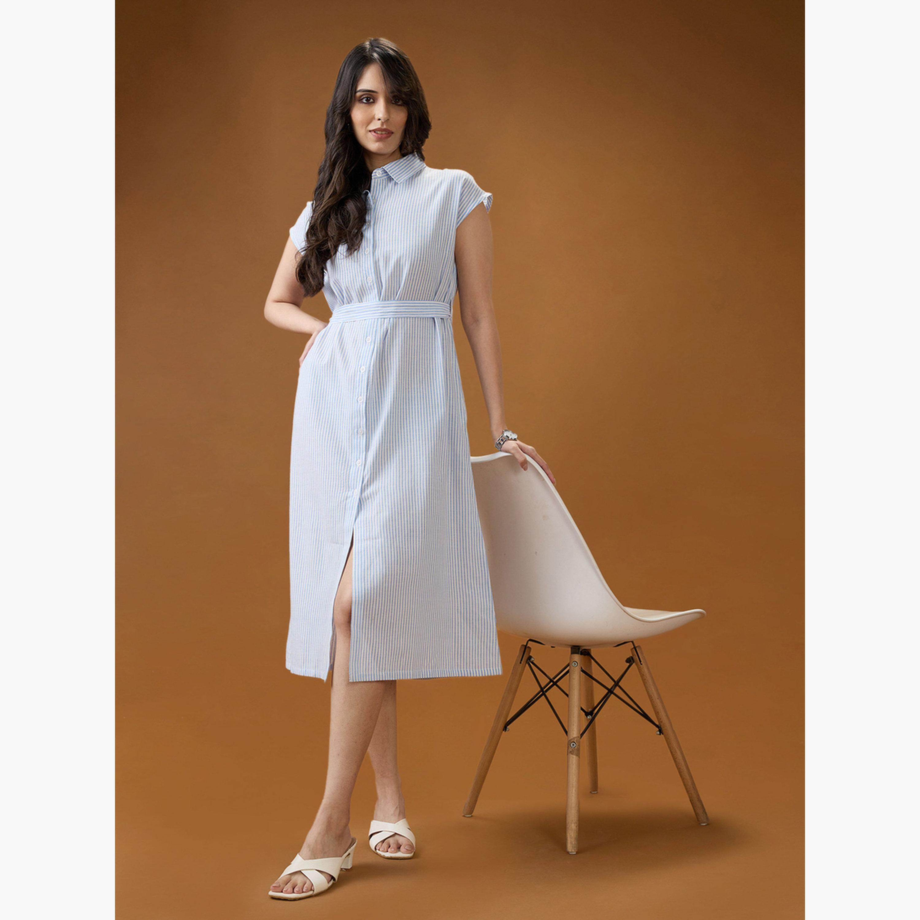 Globus X Styli Blue Collared Neck Striped Midi Shirt Dress-women-clothing-dresses-image-5