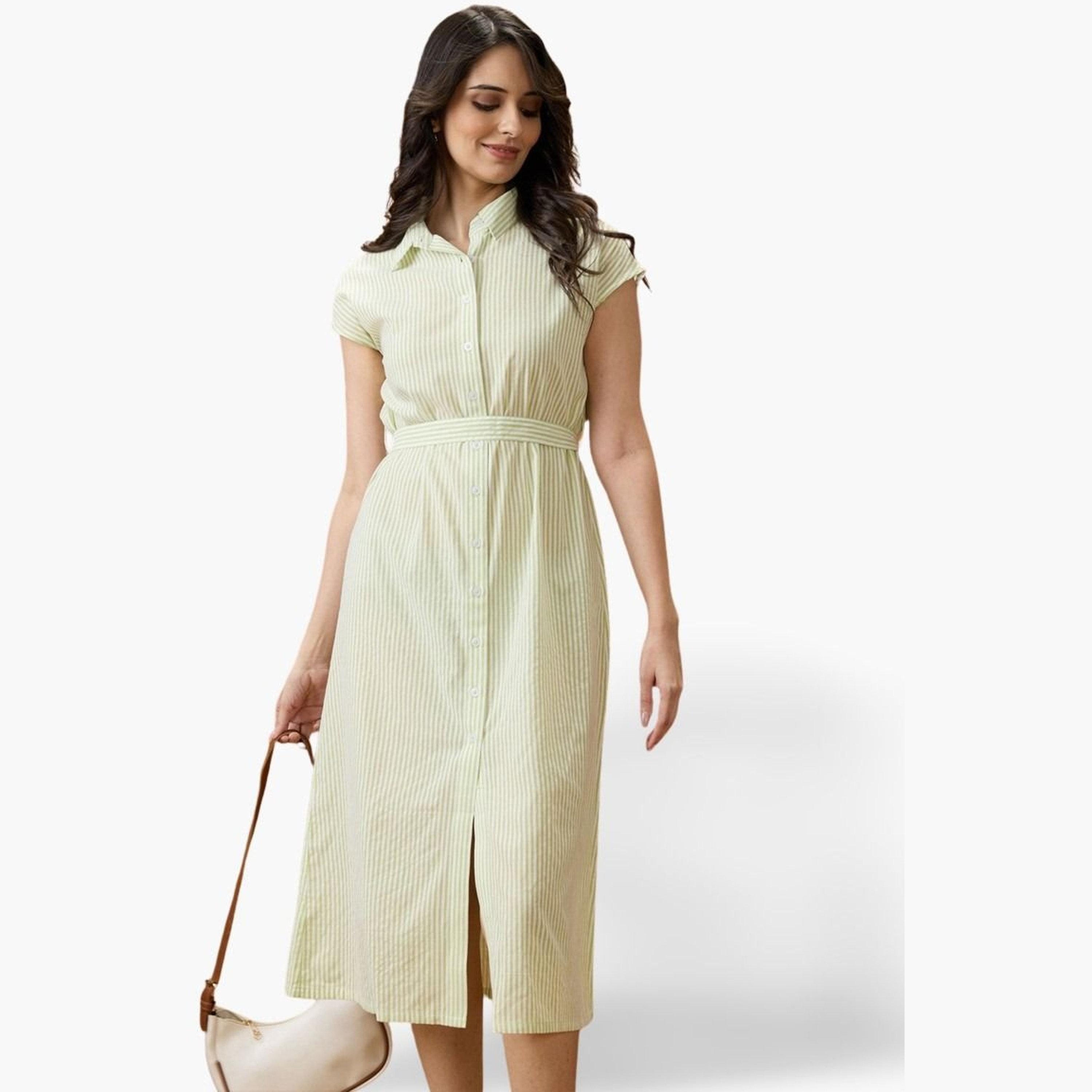 Globus X Styli Green Collared Neck Striped Midi Shirt Dress-women-clothing-dresses-image-1