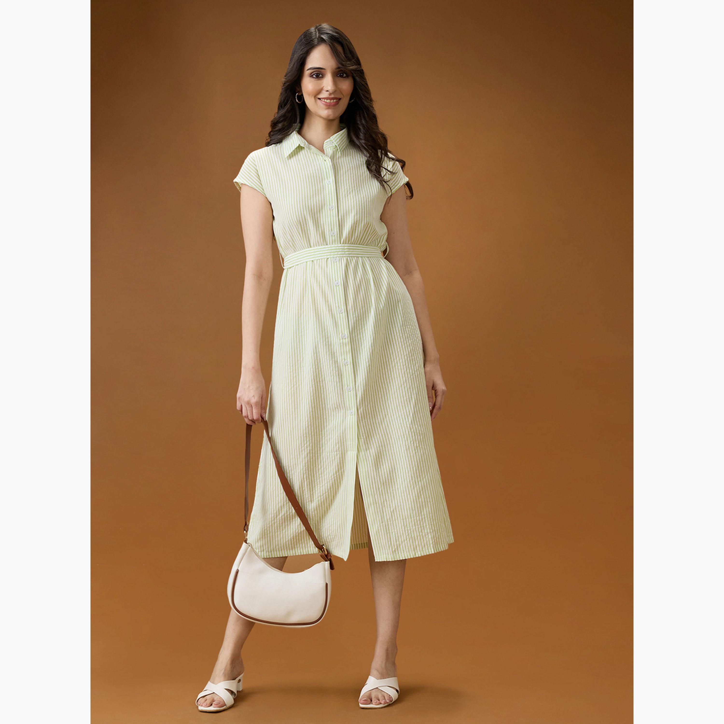 Globus X Styli Green Collared Neck Striped Midi Shirt Dress-women-clothing-dresses-image-2