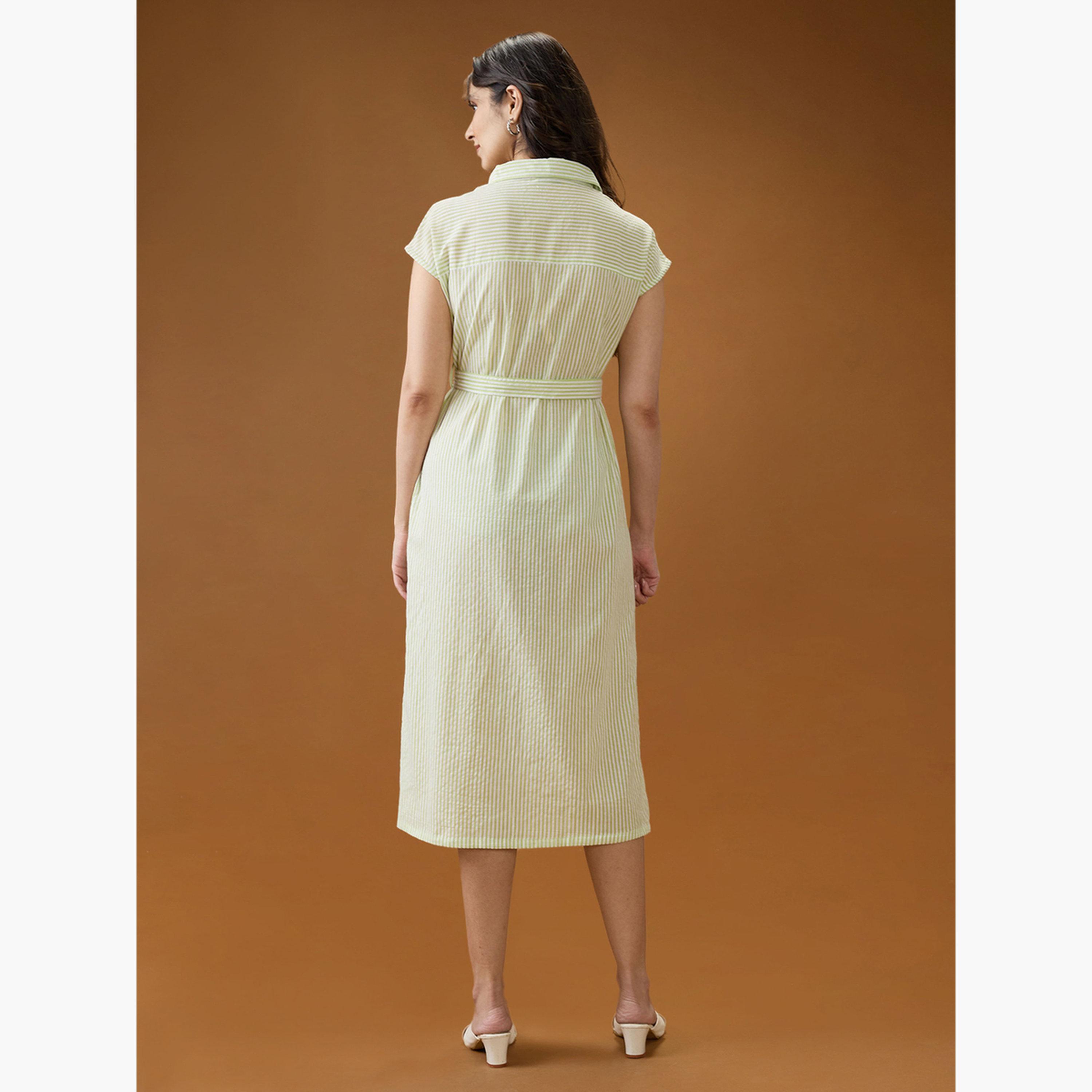 غلوبوص × ستايلي - فستان قميص مخطط متوسط ​​الطول باللون الأخضر مع ياقة-women-clothing-dresses-image-3