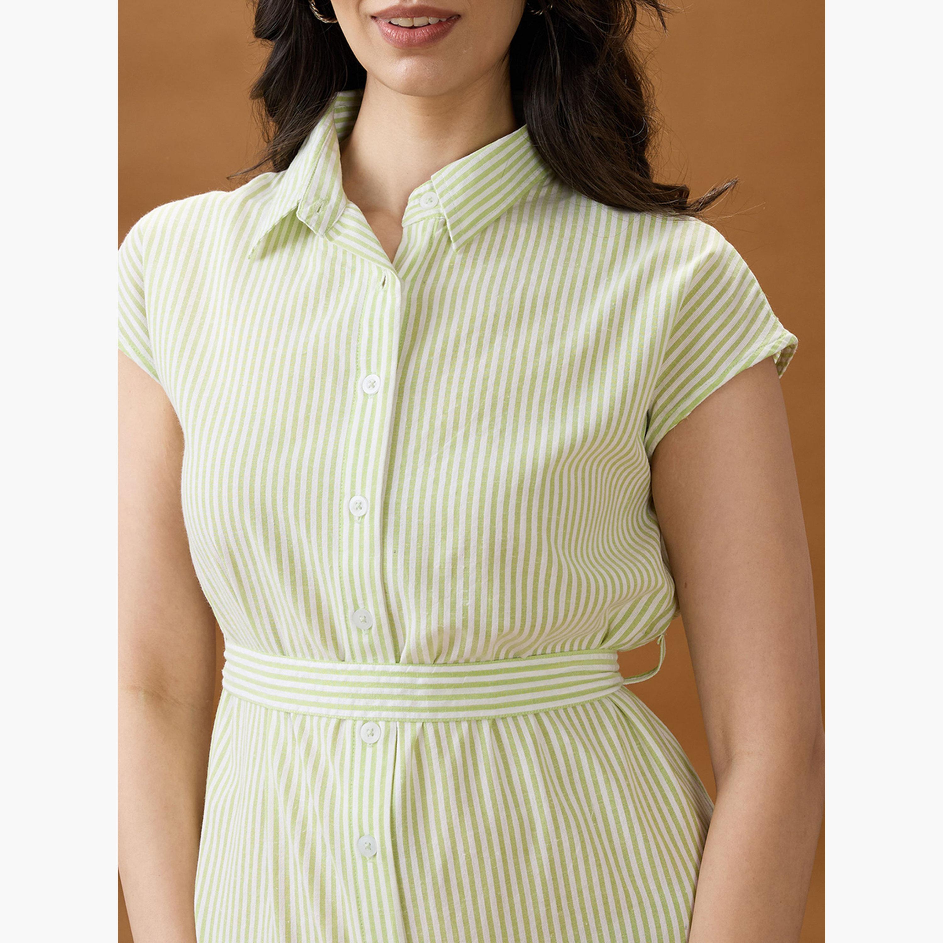 غلوبوص × ستايلي - فستان قميص مخطط متوسط ​​الطول باللون الأخضر مع ياقة-women-clothing-dresses-image-4