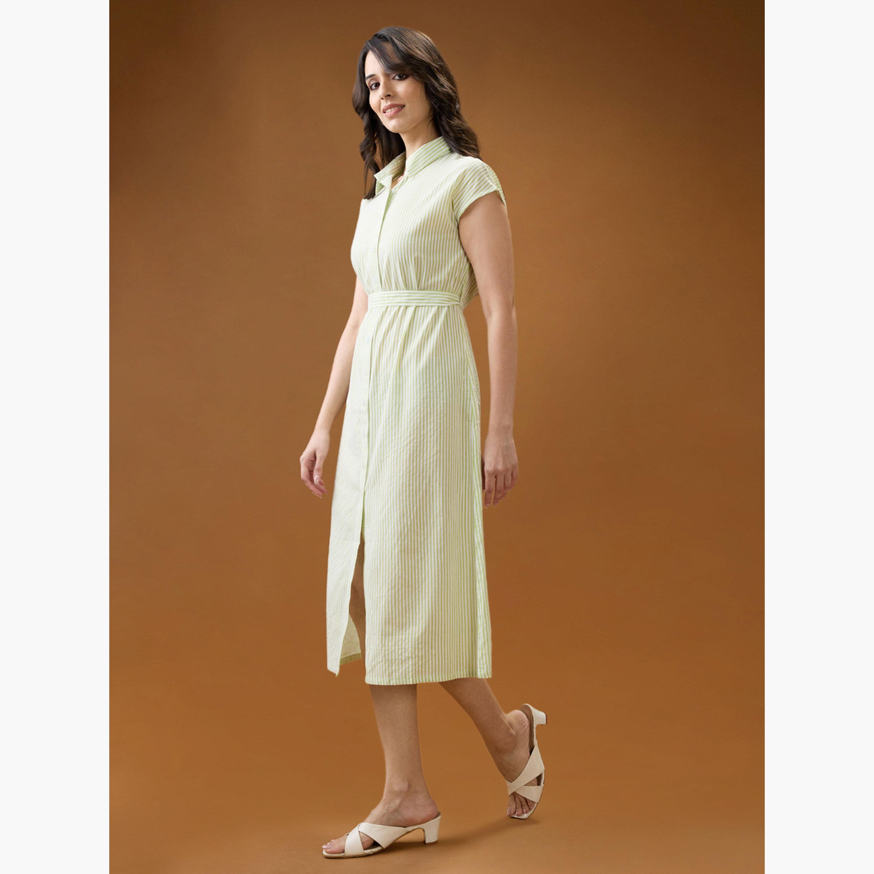 غلوبوص × ستايلي - فستان قميص مخطط متوسط ​​الطول باللون الأخضر مع ياقة-women-clothing-dresses-image-5