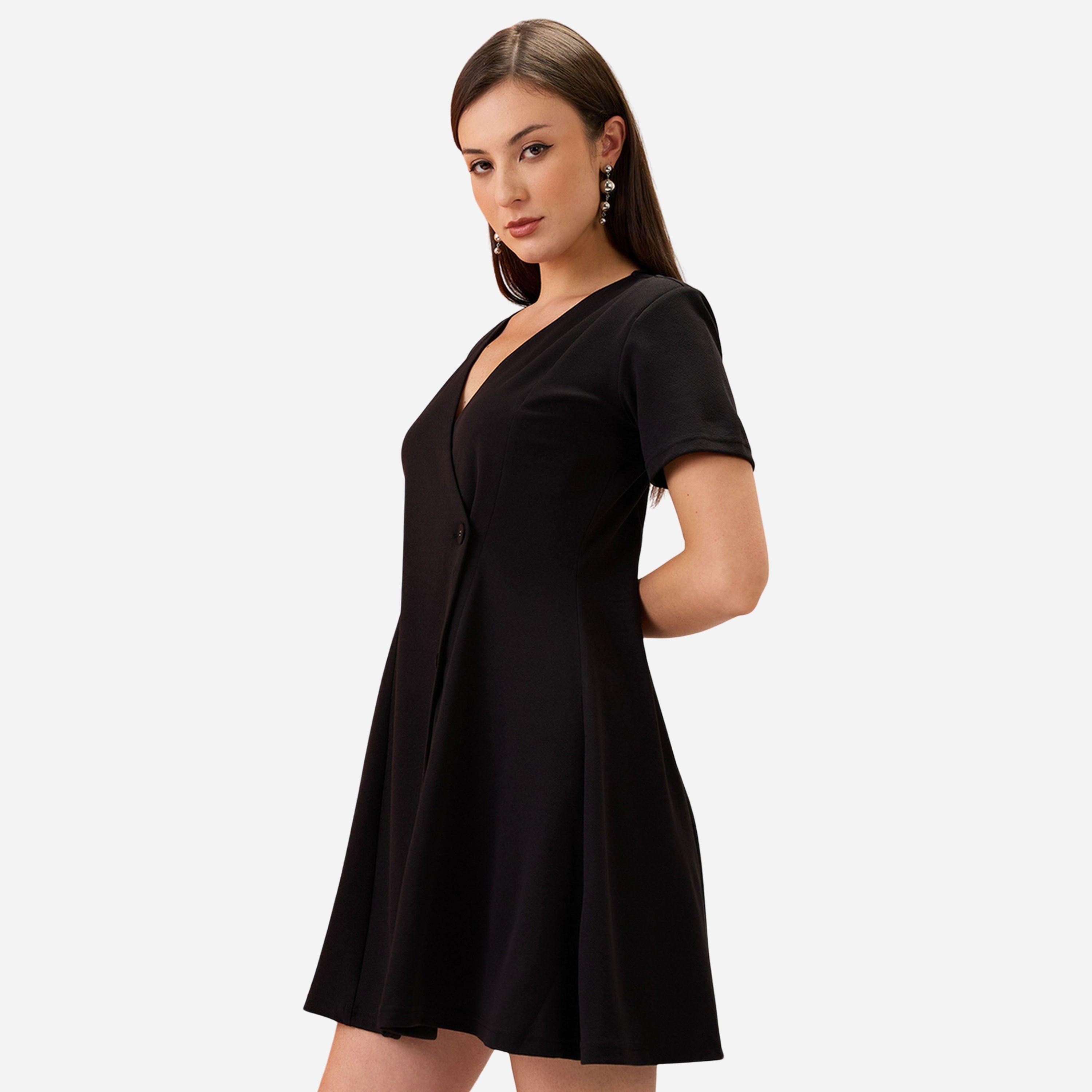 Globus X Styli Black V-Neck Button Double Breasted Mini Dress-women-clothing-dresses-image-1