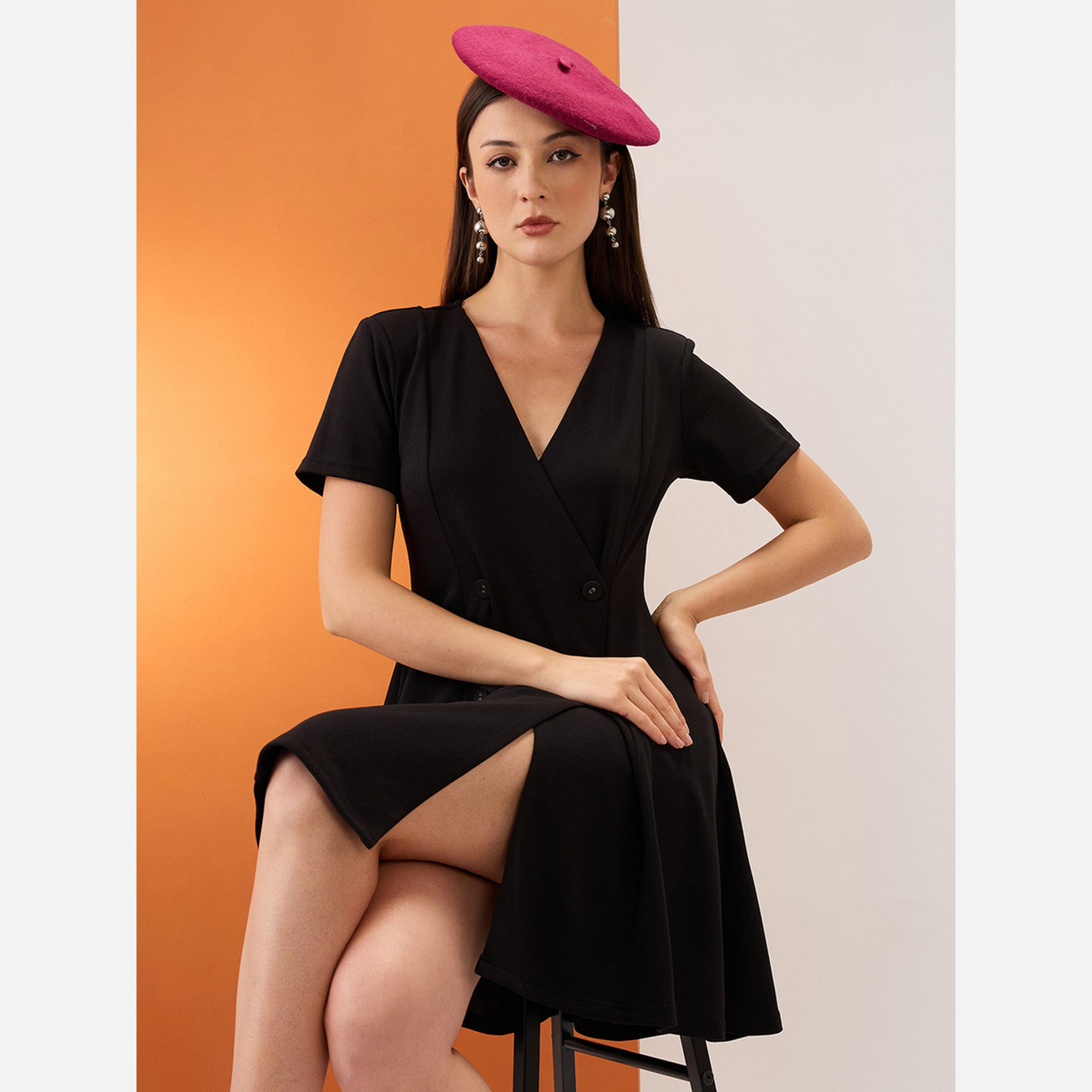 Globus X Styli Black V-Neck Button Double Breasted Mini Dress-women-clothing-dresses-image-2
