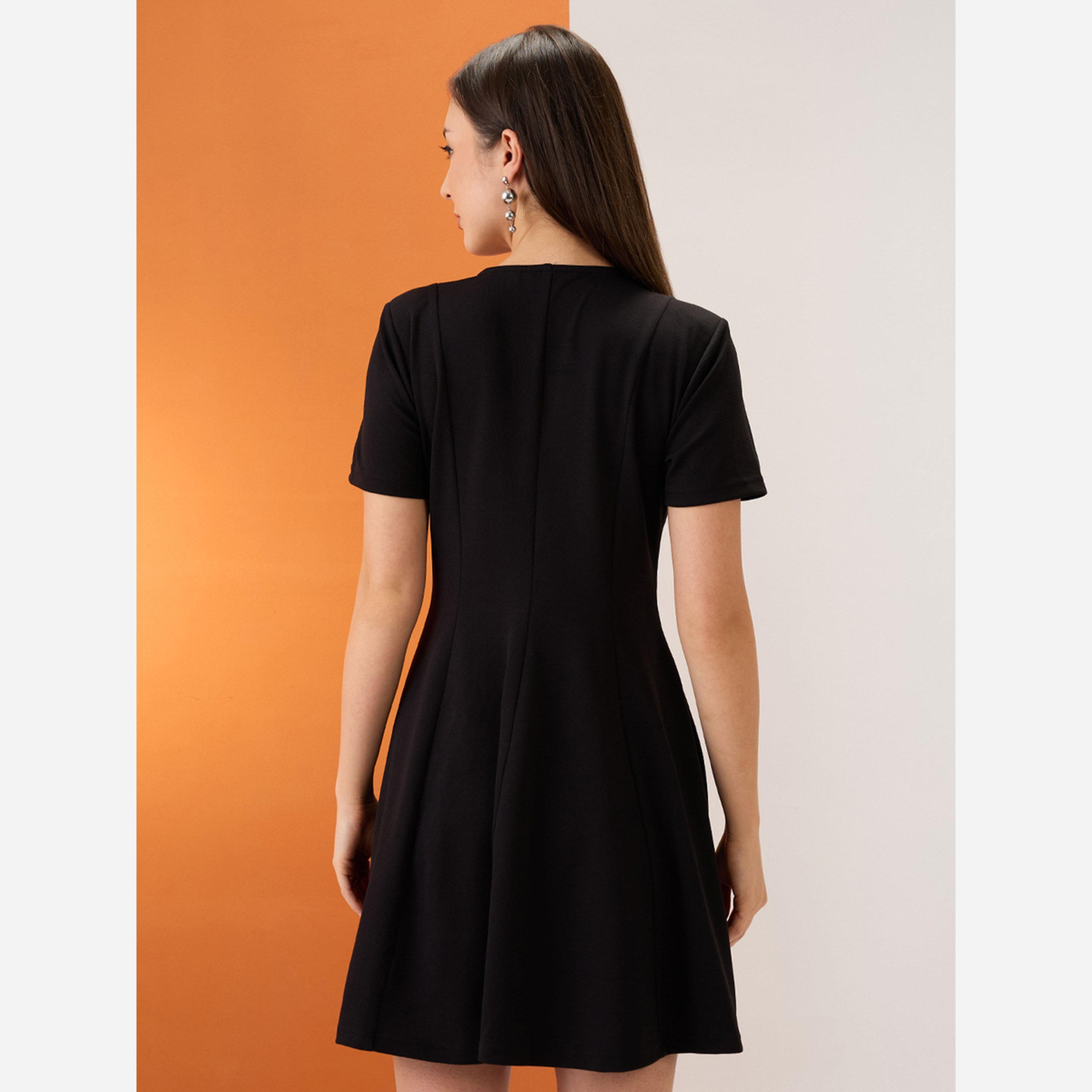 Globus X Styli Black V-Neck Button Double Breasted Mini Dress-women-clothing-dresses-image-3