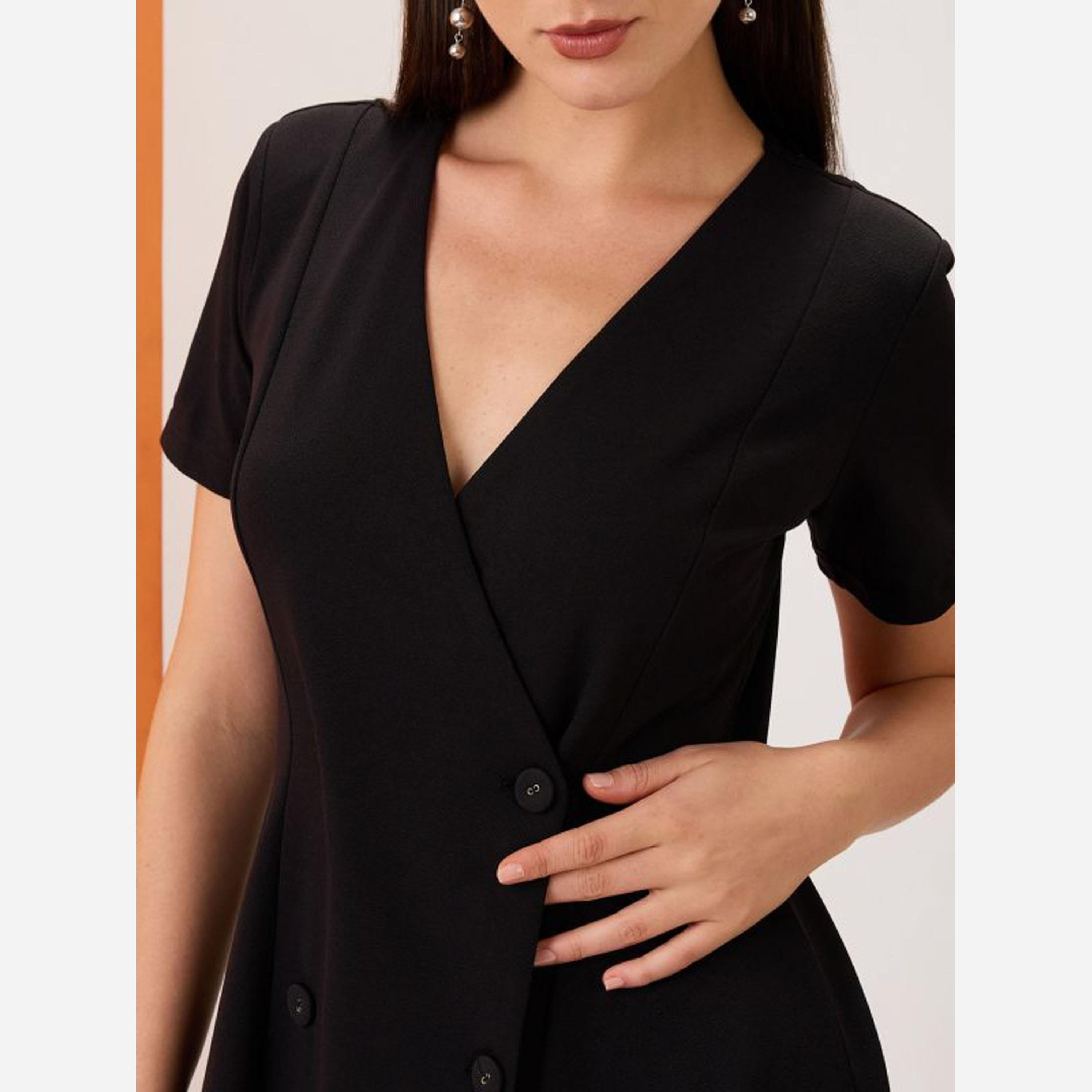 غلوبوص × ستايلي - فستان قصير لون أسود ياقة شكل سبعة وصفين من الأزرار-women-clothing-dresses-image-4