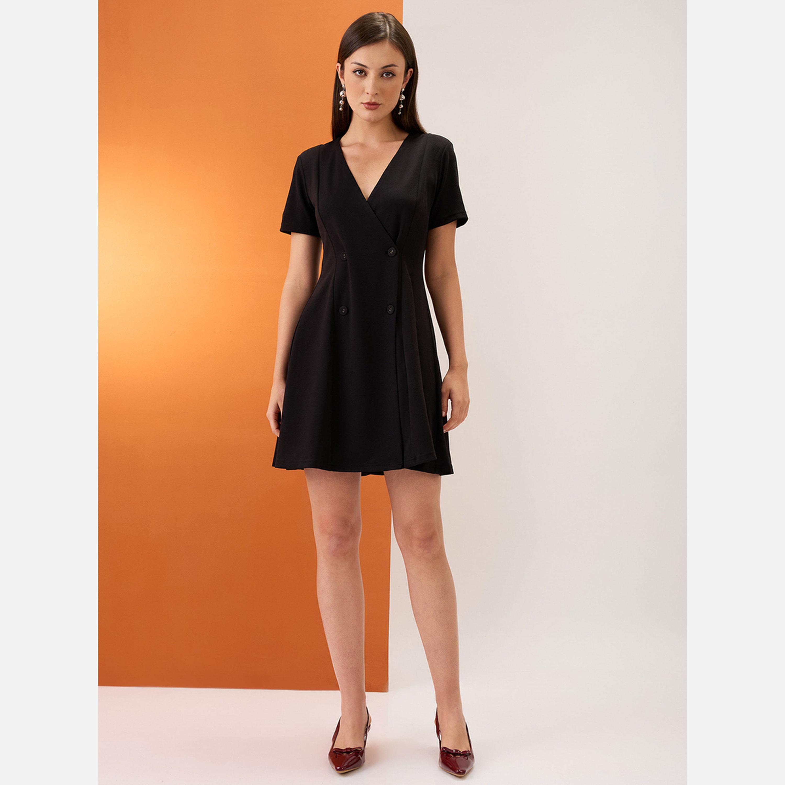 Globus X Styli Black V-Neck Button Double Breasted Mini Dress-women-clothing-dresses-image-5