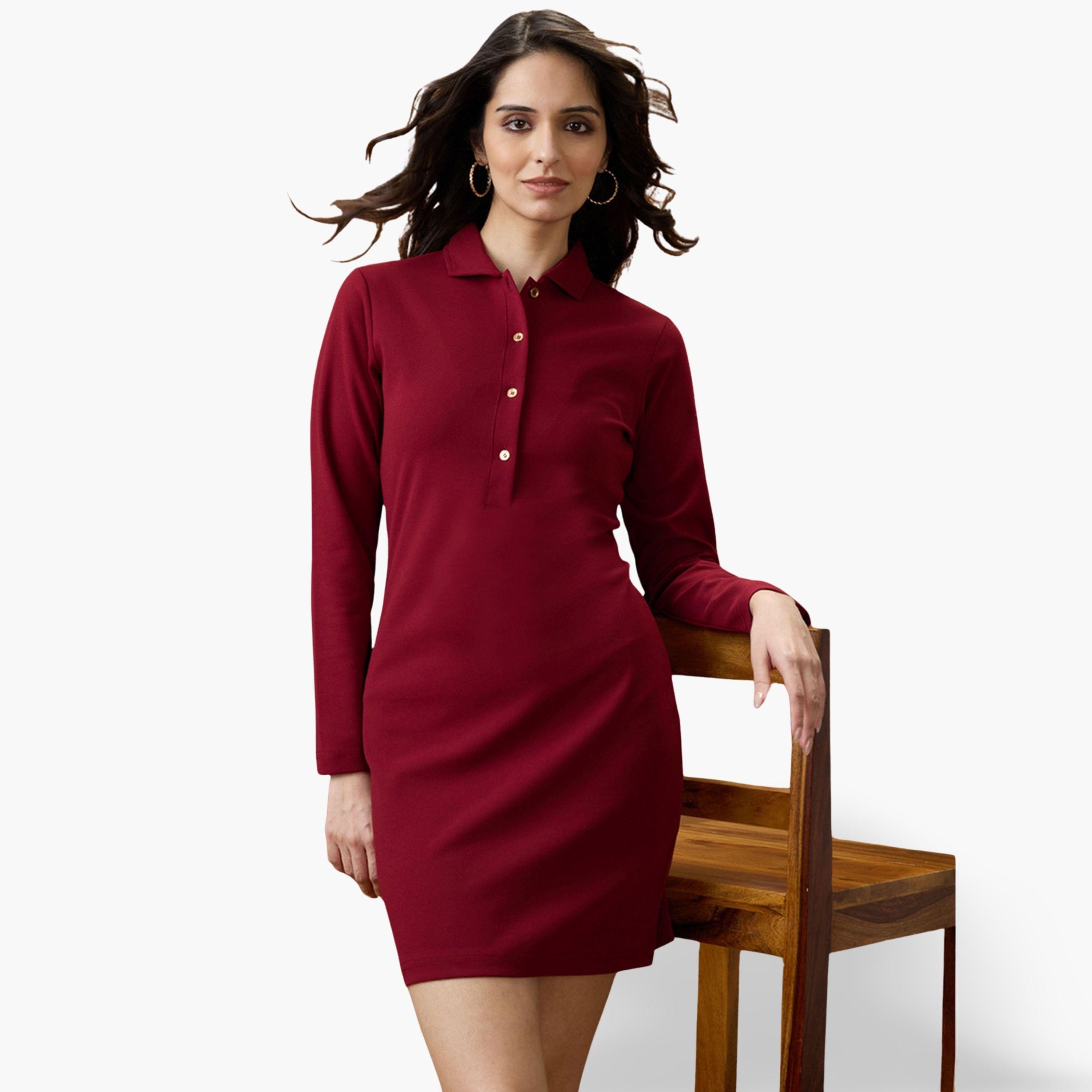 غلوبوص × ستايلي - فستان قصير ضيق بأكمام طويلة وياقة نسائية لون مارون-women-clothing-dresses-image-1
