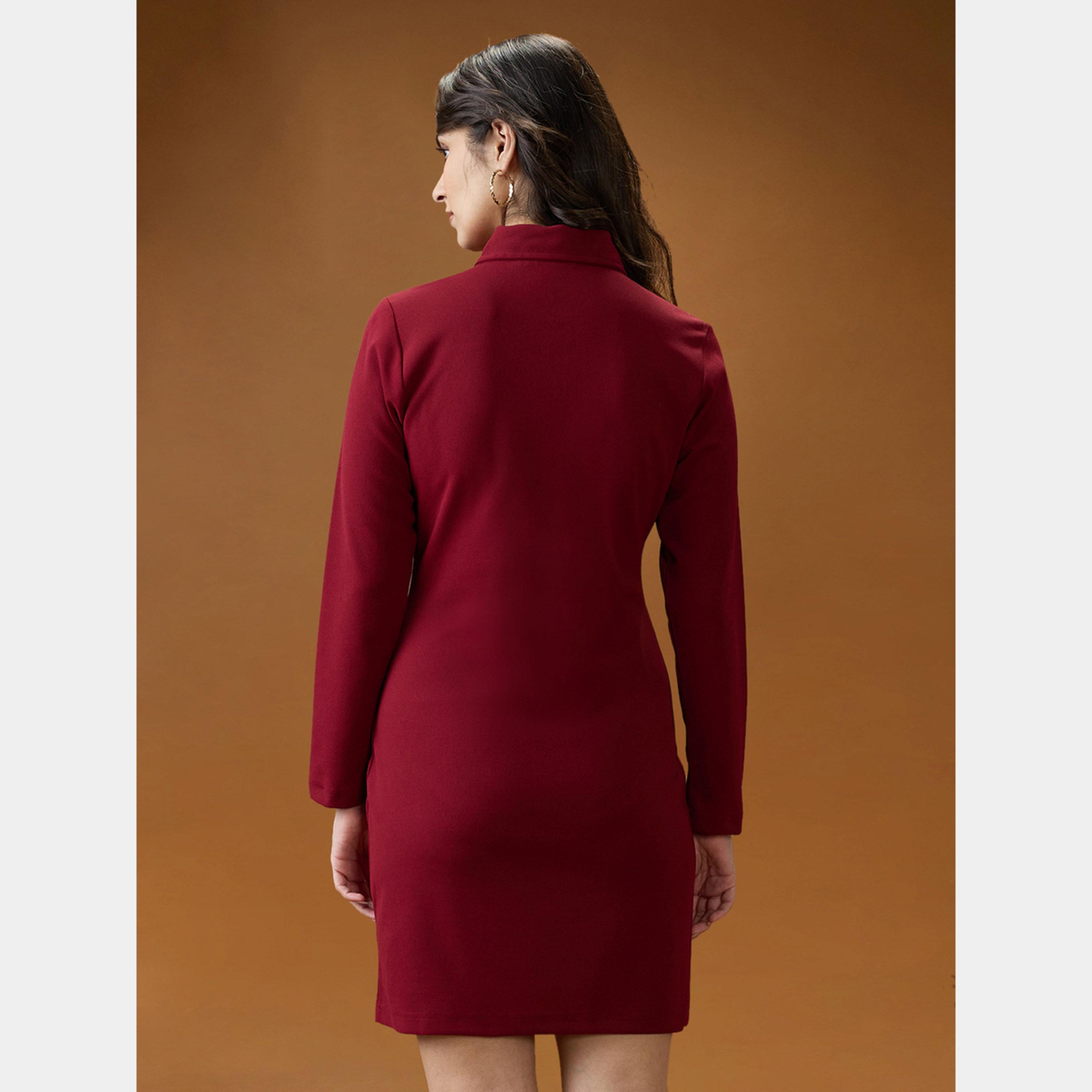 غلوبوص × ستايلي - فستان قصير ضيق بأكمام طويلة وياقة نسائية لون مارون-women-clothing-dresses-image-3