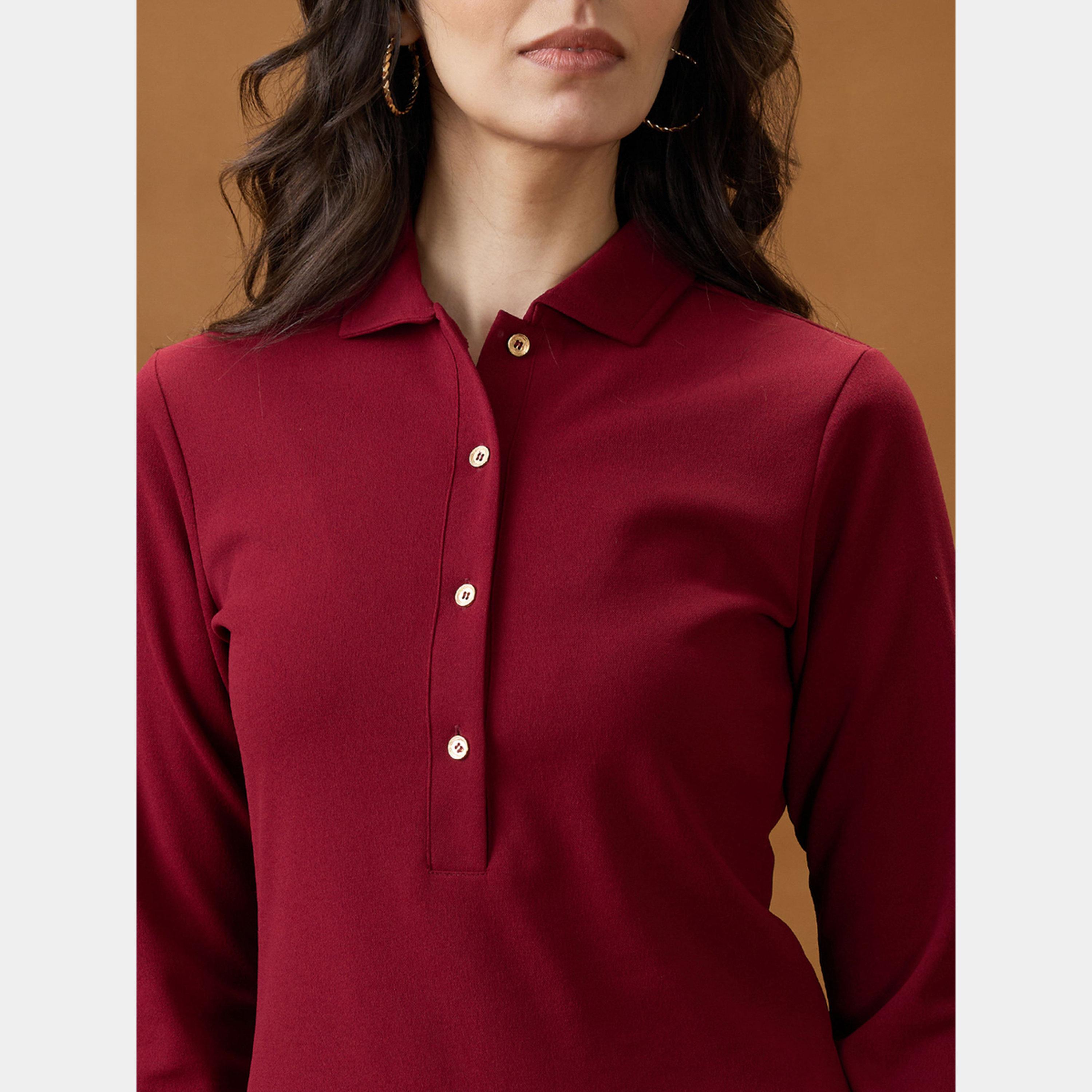 غلوبوص × ستايلي - فستان قصير ضيق بأكمام طويلة وياقة نسائية لون مارون-women-clothing-dresses-image-4