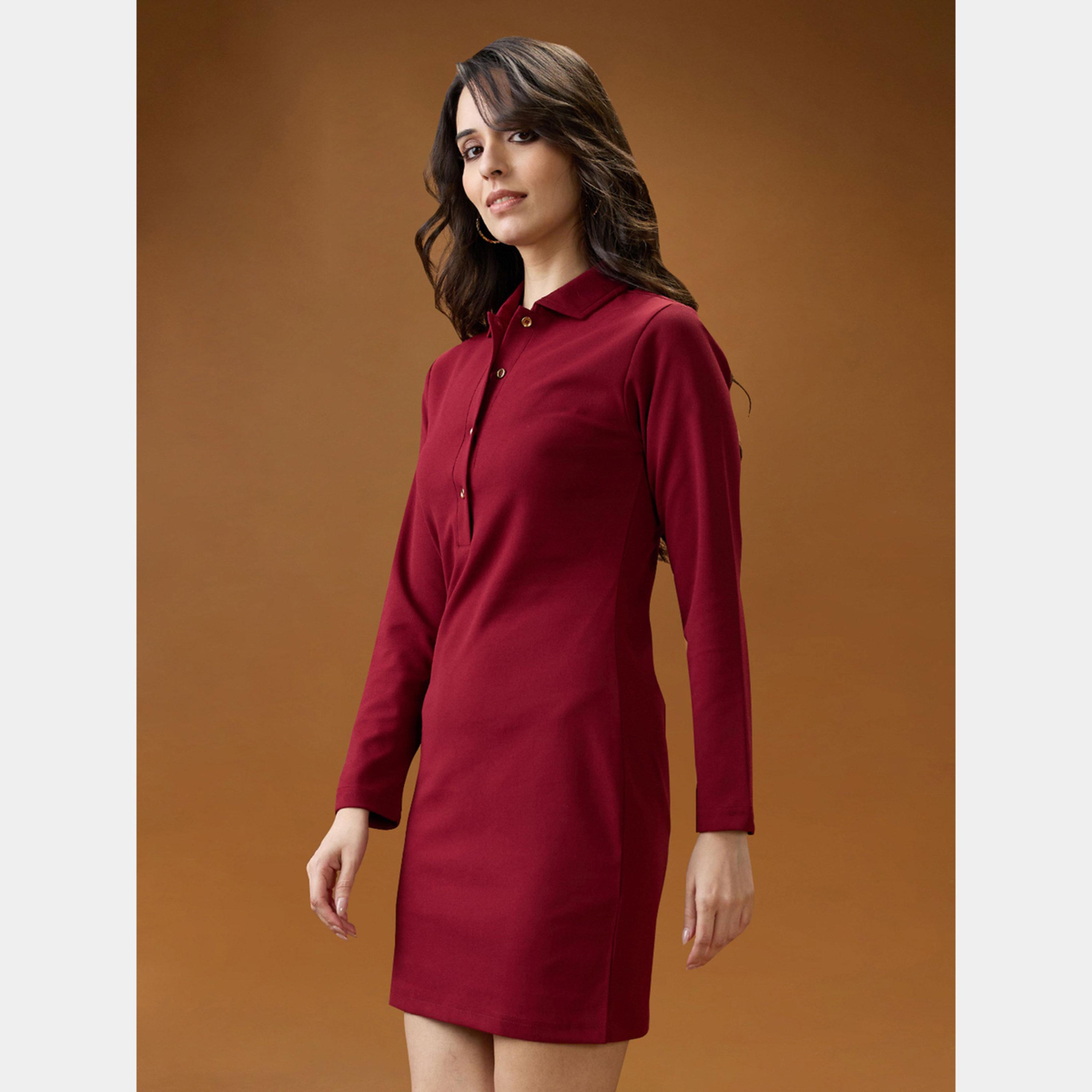غلوبوص × ستايلي - فستان قصير ضيق بأكمام طويلة وياقة نسائية لون مارون-women-clothing-dresses-image-5