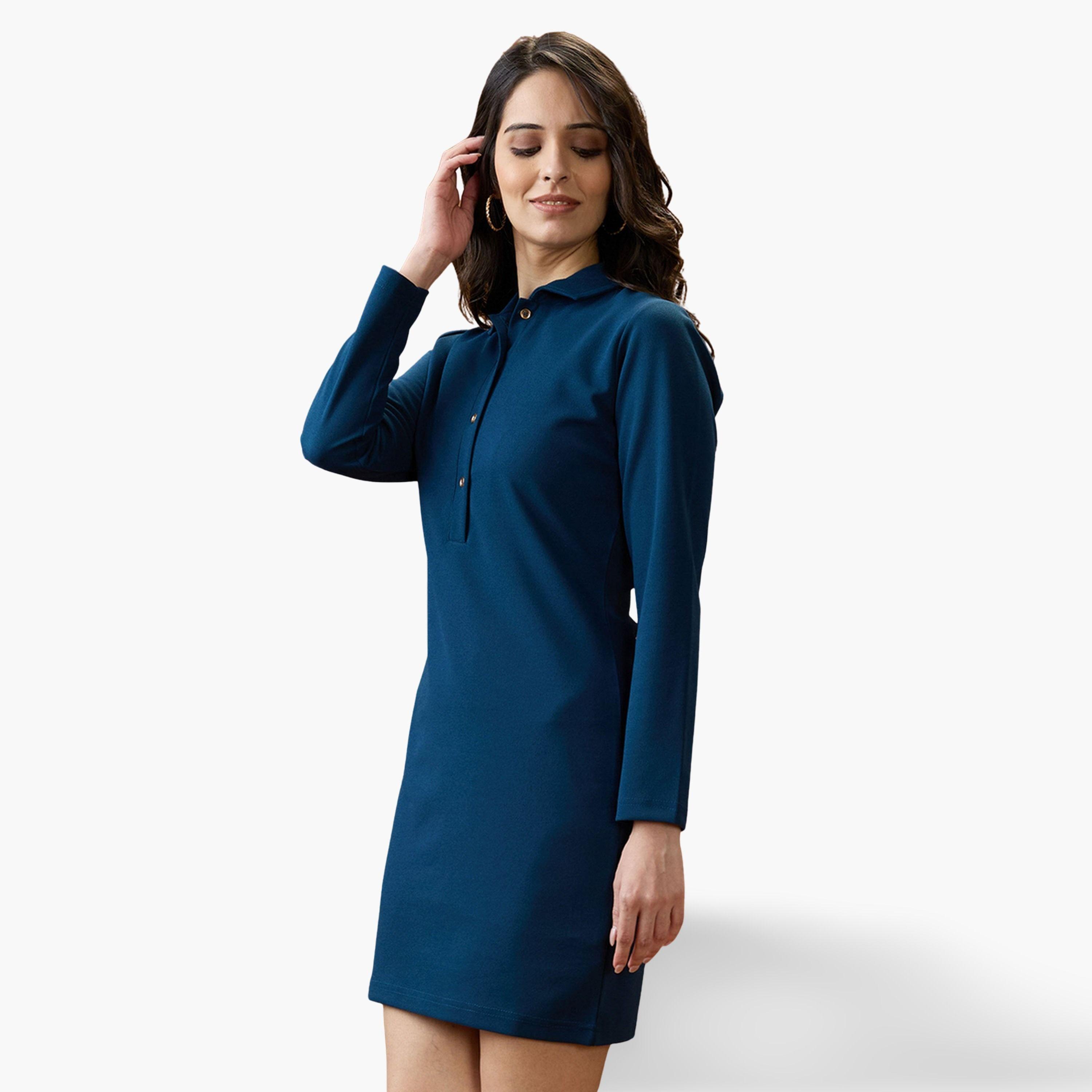 غلوبوص × ستايلي - فستان نسائي قصير ضيق بأكمام طويلة وياقة زرقاء-women-clothing-dresses-image-1