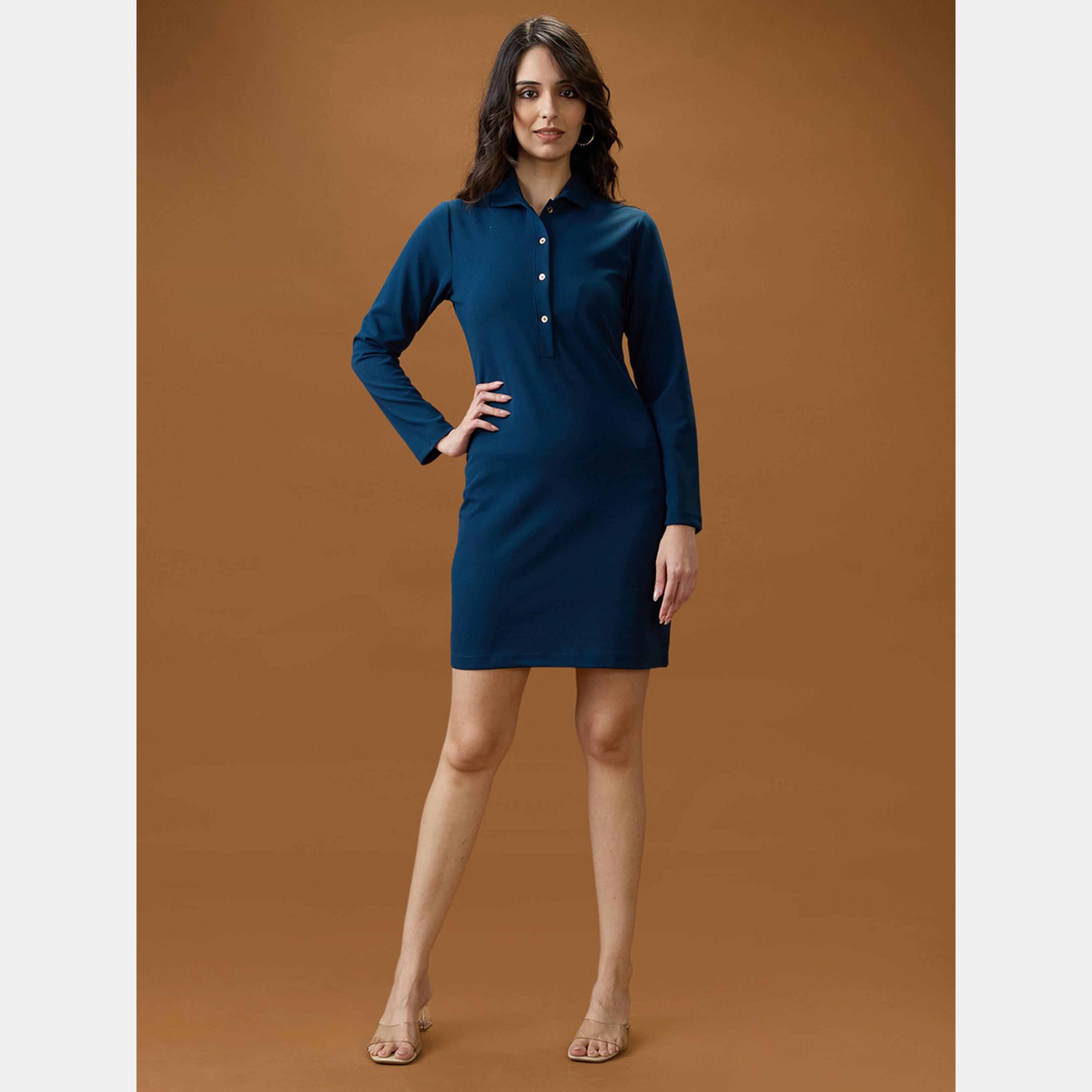 Globus X Styli Blue Collared Long Sleeves Women's Mini Bodycon Dress-women-clothing-dresses-image-2