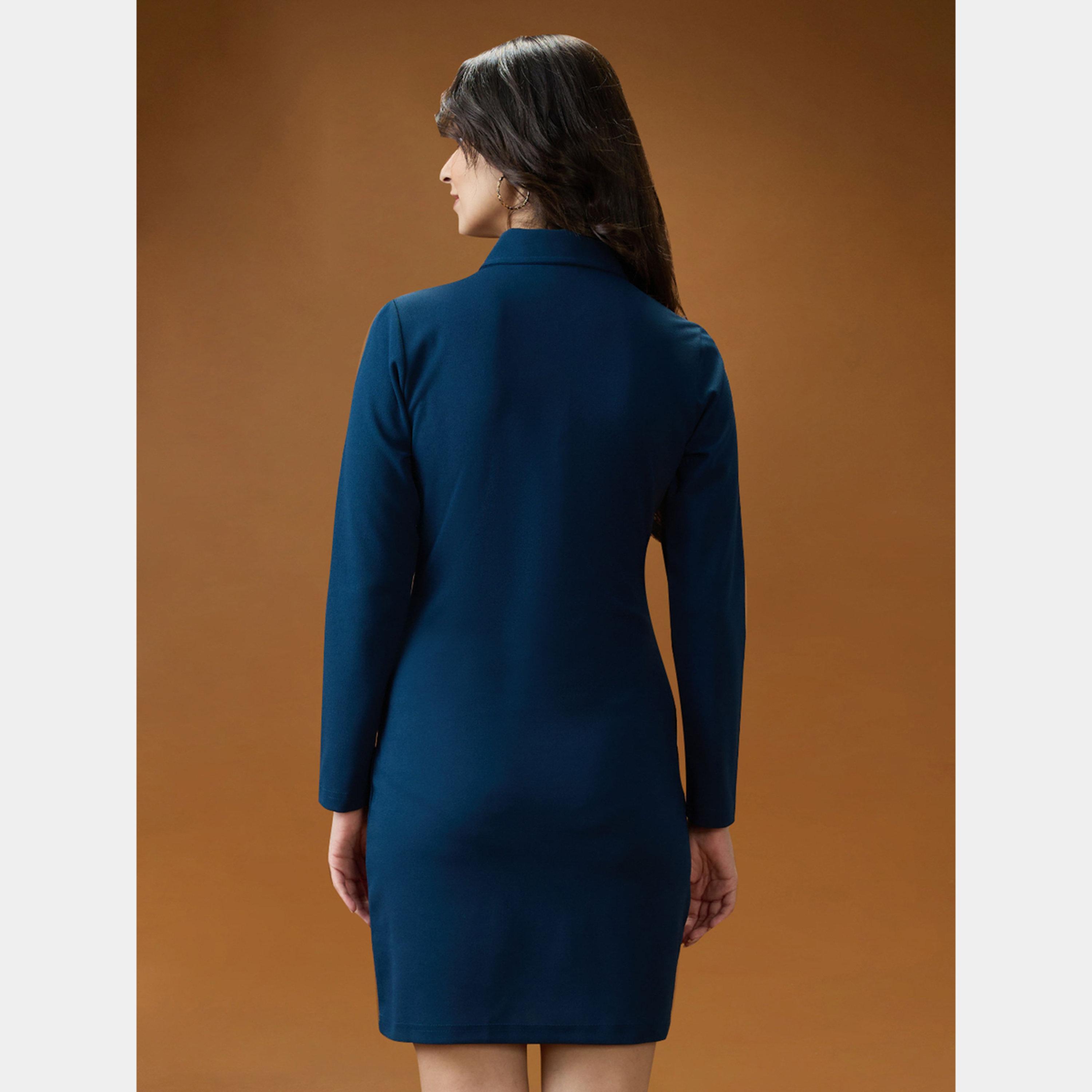 غلوبوص × ستايلي - فستان نسائي قصير ضيق بأكمام طويلة وياقة زرقاء-women-clothing-dresses-image-3