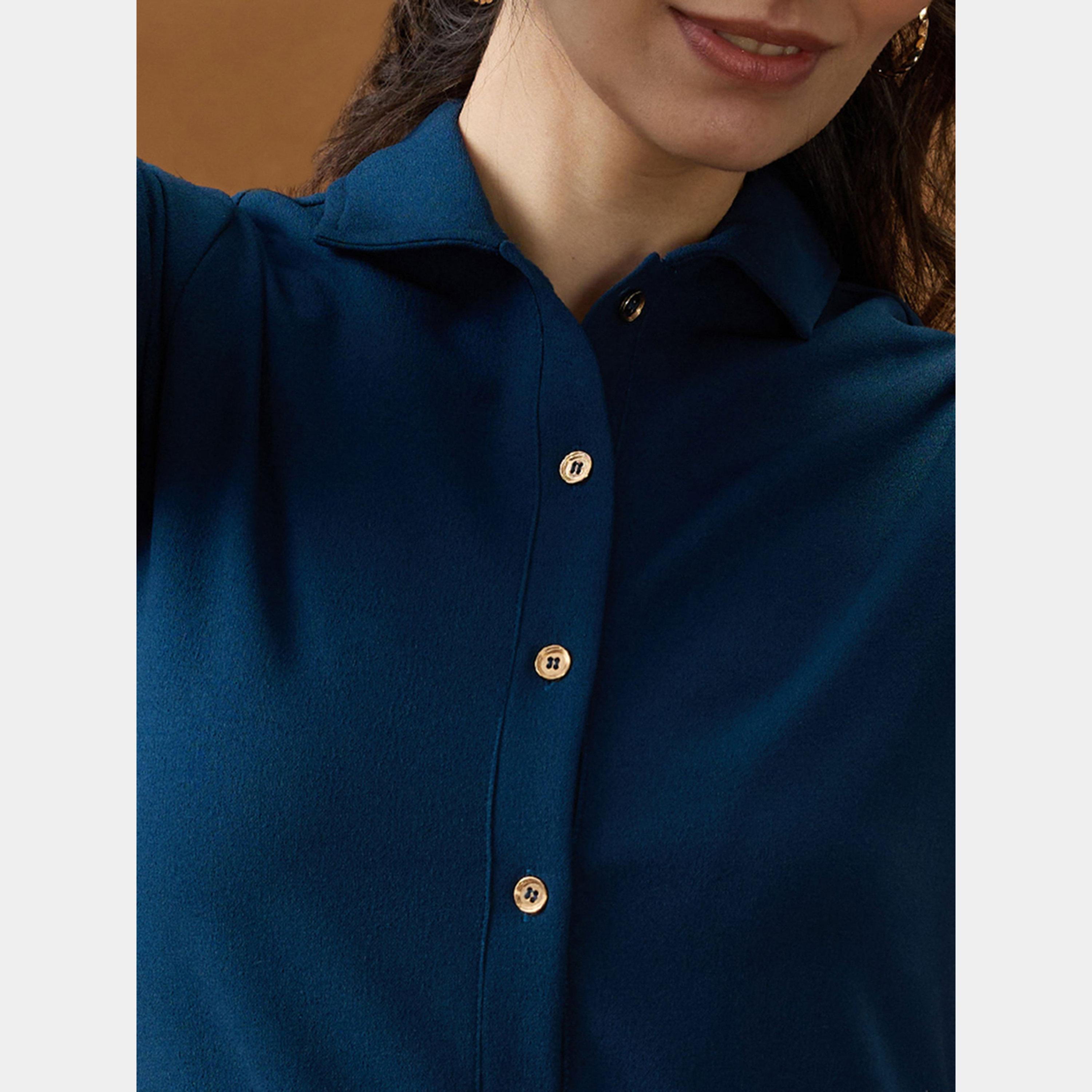 غلوبوص × ستايلي - فستان نسائي قصير ضيق بأكمام طويلة وياقة زرقاء-women-clothing-dresses-image-4