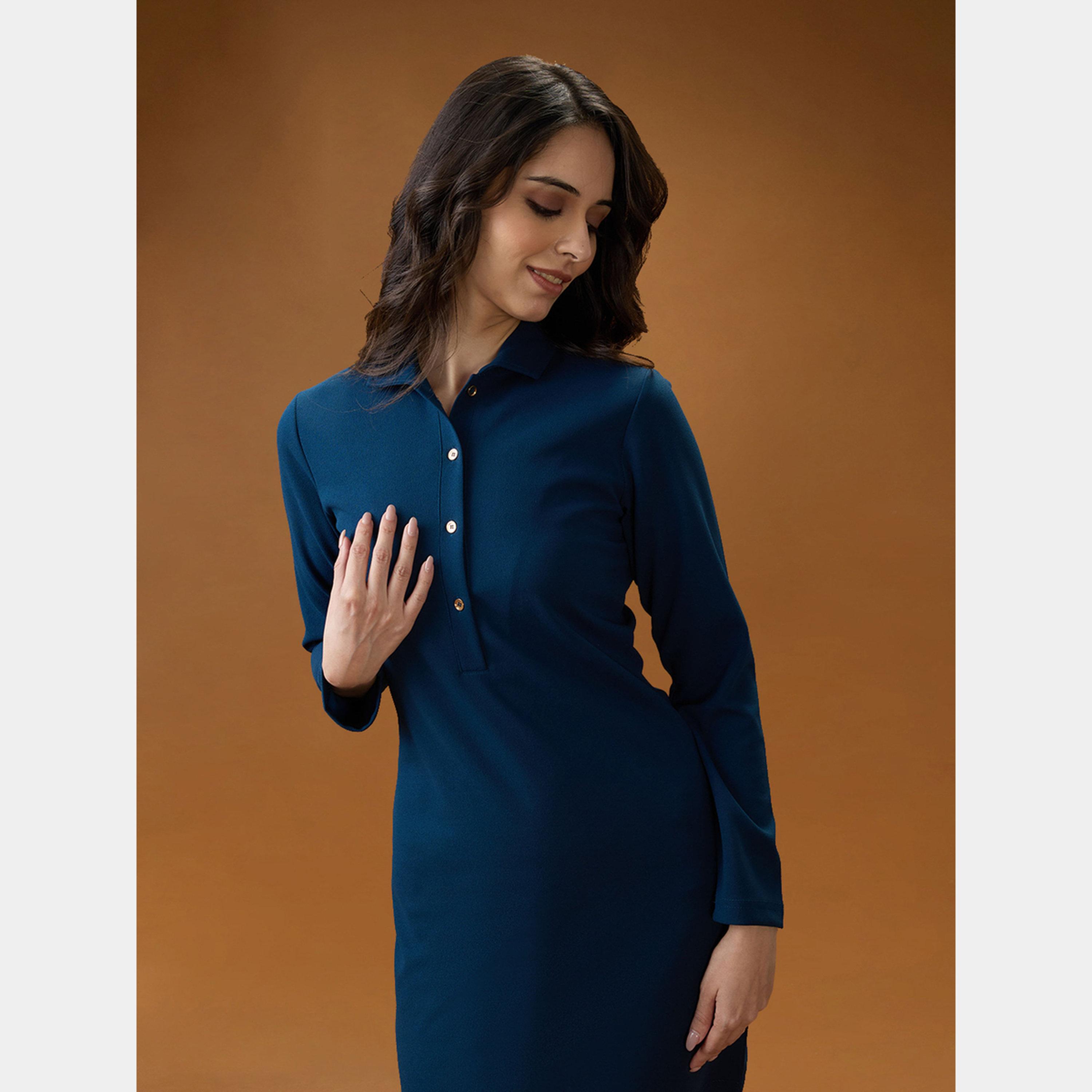 Globus X Styli Blue Collared Long Sleeves Women's Mini Bodycon Dress-women-clothing-dresses-image-5