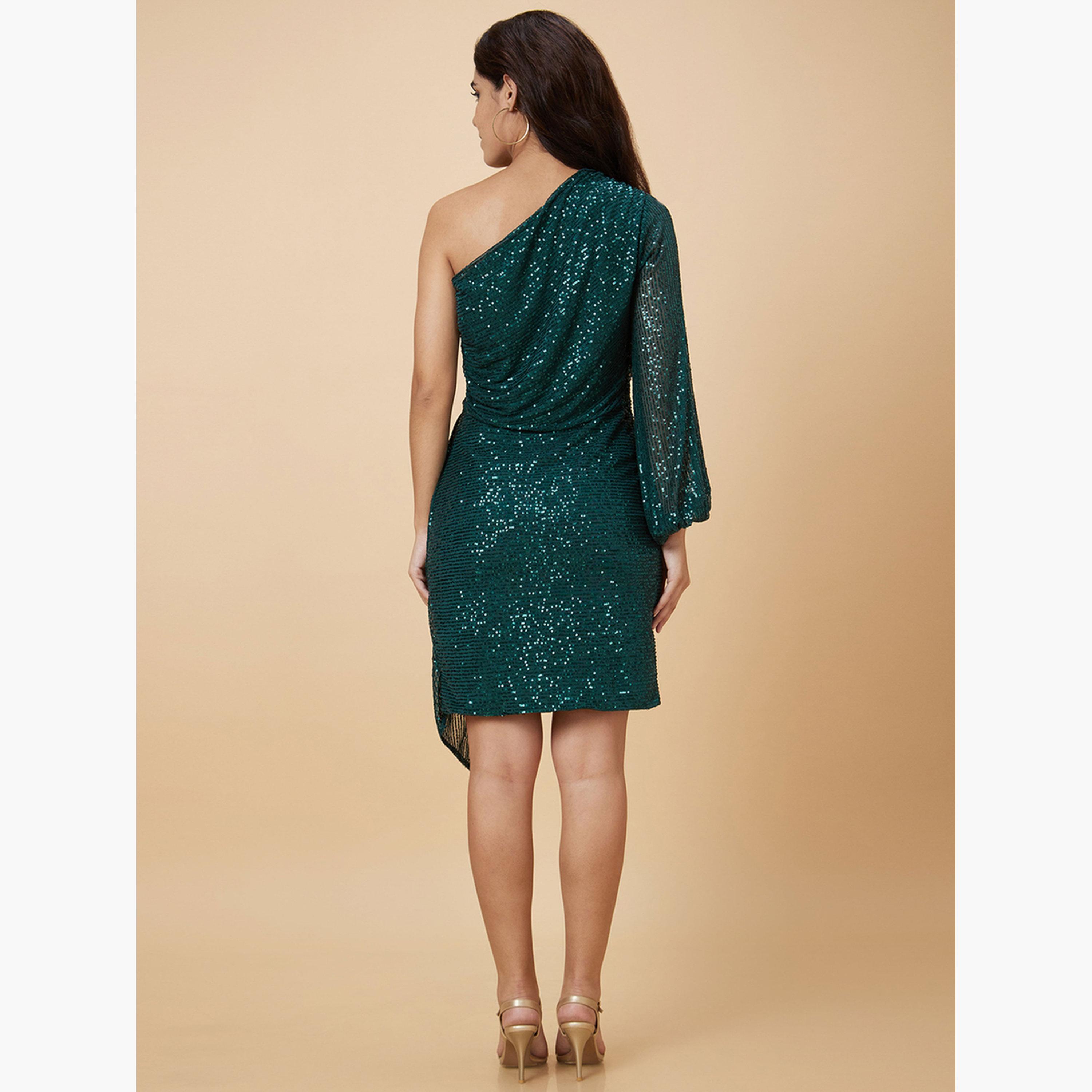 غلوبوص × ستايلي - فستان أخضر قصير ضيق بكتف واحد ومزين بالترتر-women-clothing-dresses-image-3