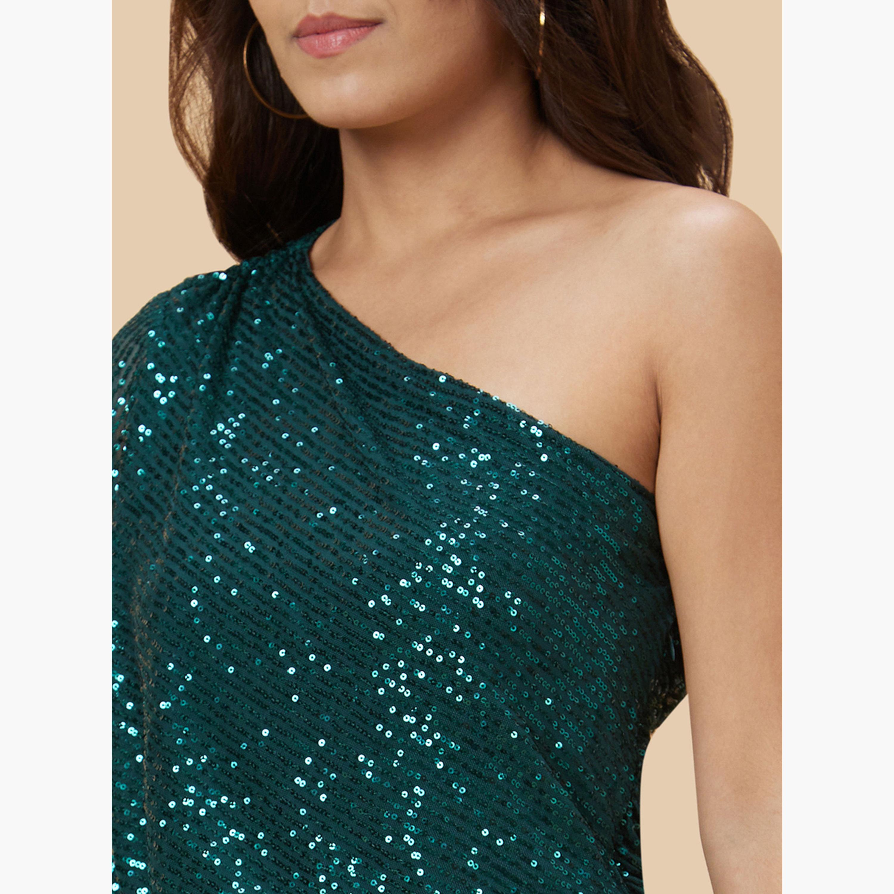 Globus X Styli Green One Shoulder Sequined Bodycon Mini Dress-women-clothing-dresses-image-5