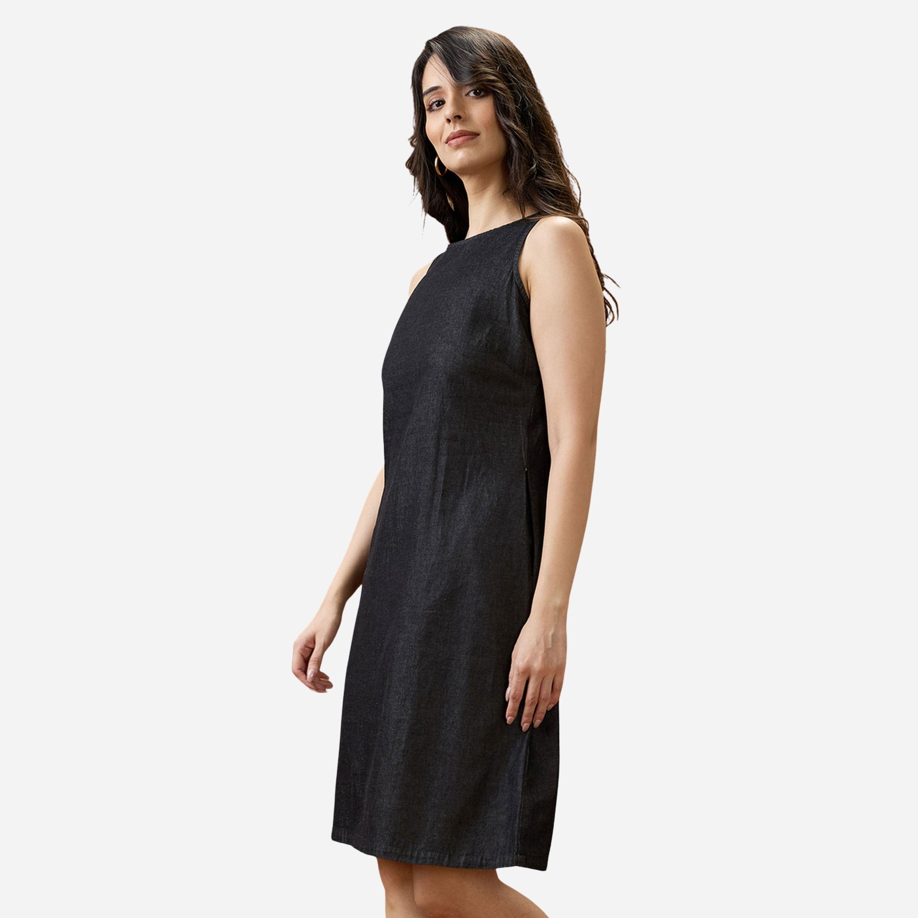 غلوبوص × ستايلي - فستان لون أسود طويل يصل إلى الركبة، ياقة دائرية، بدون أكمام-women-clothing-dresses-image-1