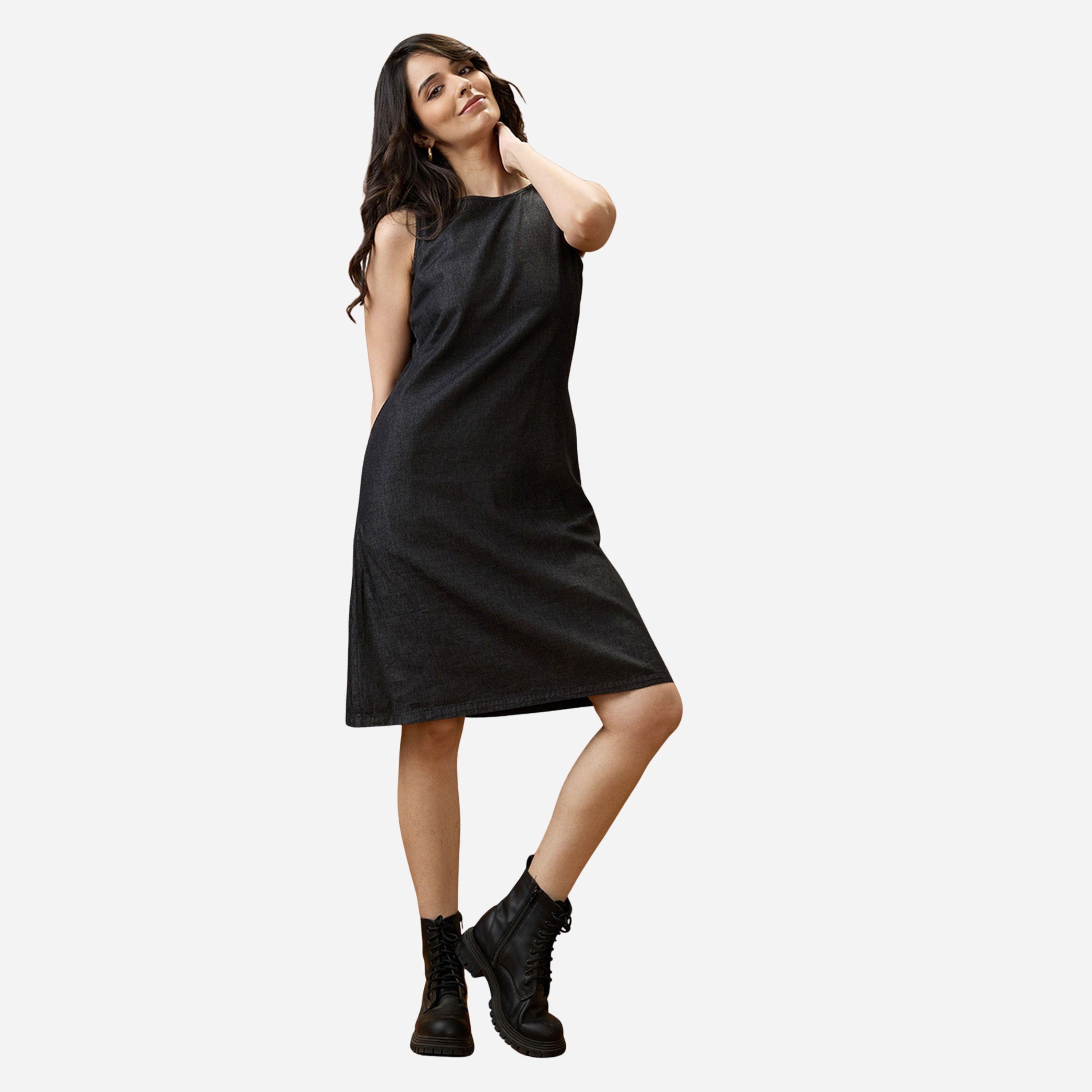غلوبوص × ستايلي - فستان لون أسود طويل يصل إلى الركبة، ياقة دائرية، بدون أكمام-women-clothing-dresses-image-2