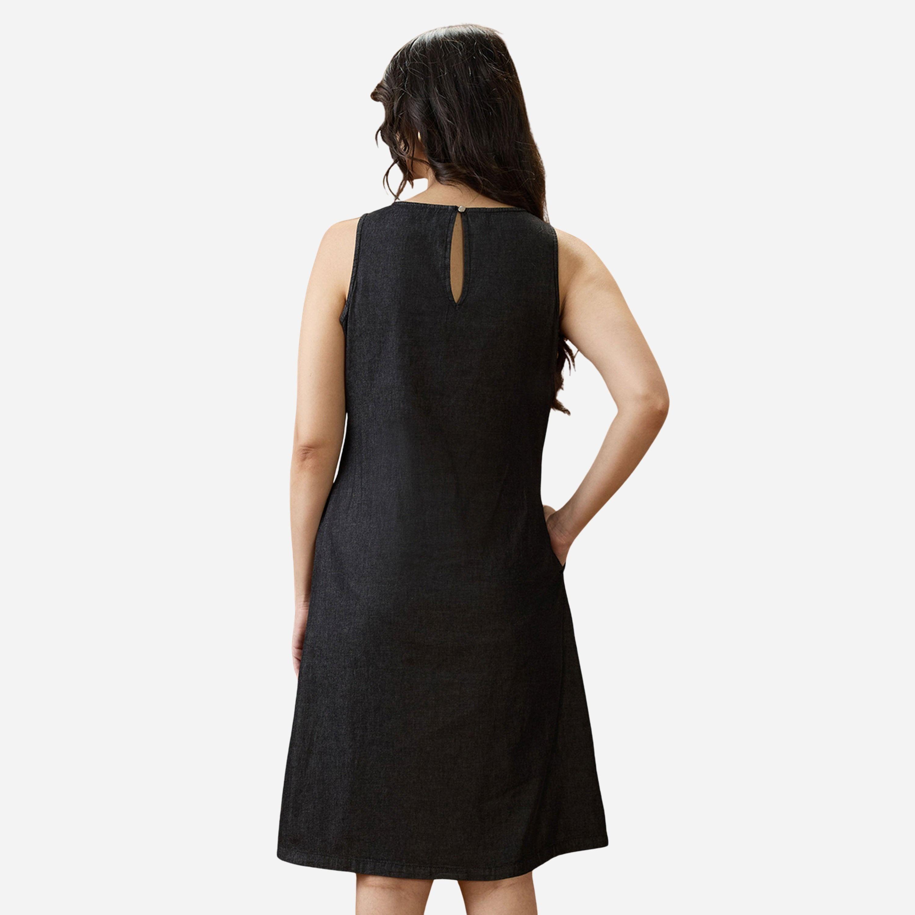 Globus X Styli Black Round Neck Sleeveless Knee Length Dress-women-clothing-dresses-image-3