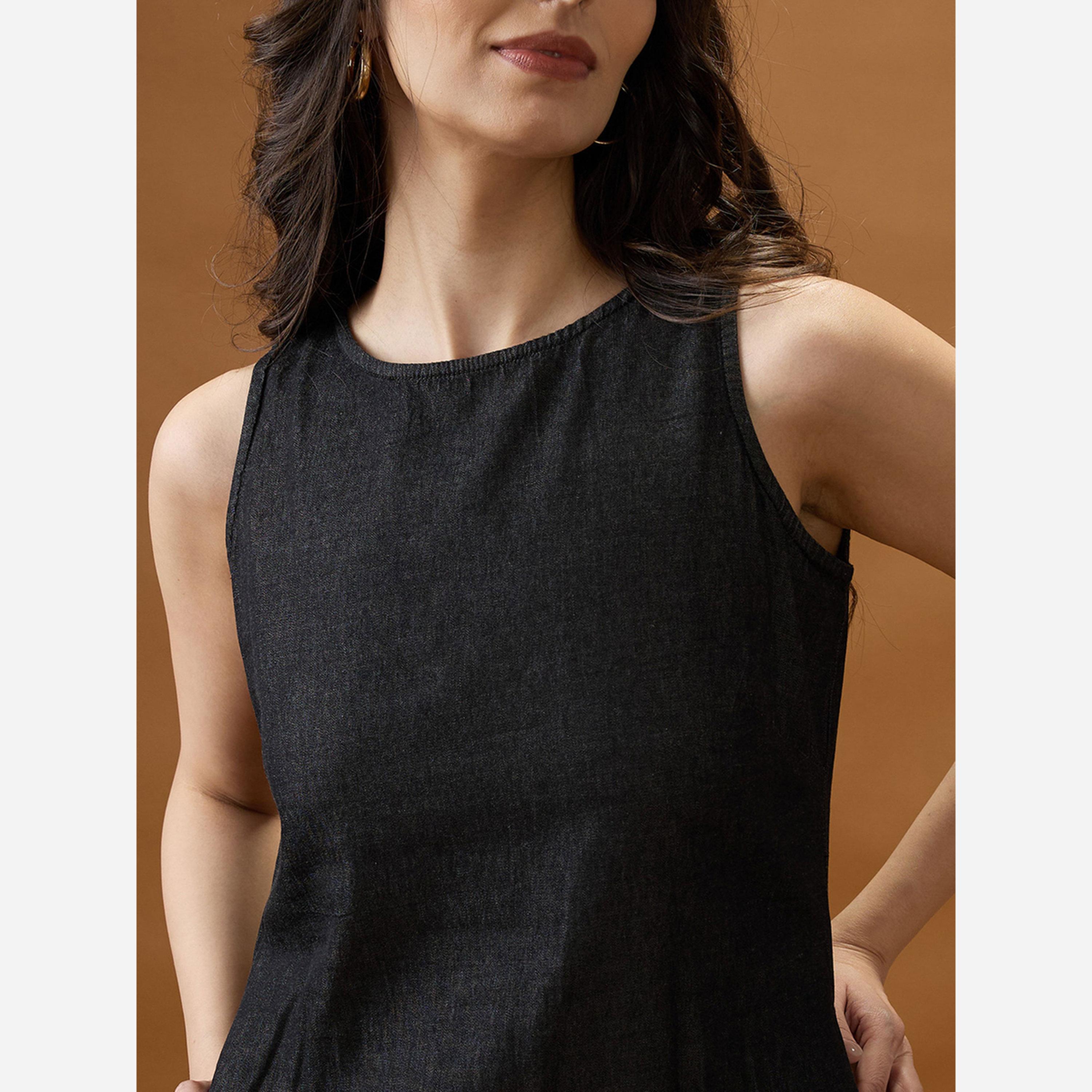 Globus X Styli Black Round Neck Sleeveless Knee Length Dress-women-clothing-dresses-image-4