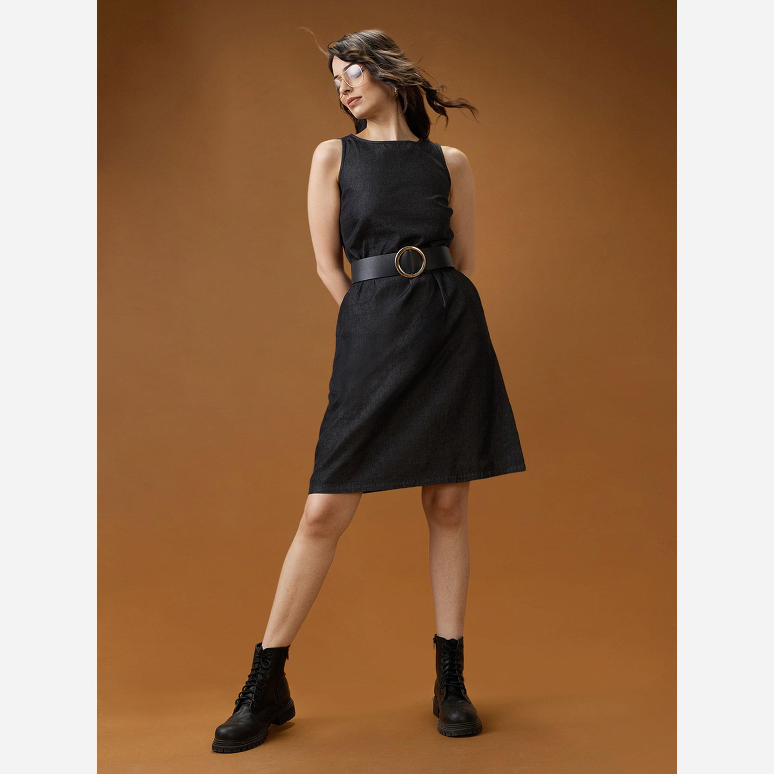 Globus X Styli Black Round Neck Sleeveless Knee Length Dress-women-clothing-dresses-image-5